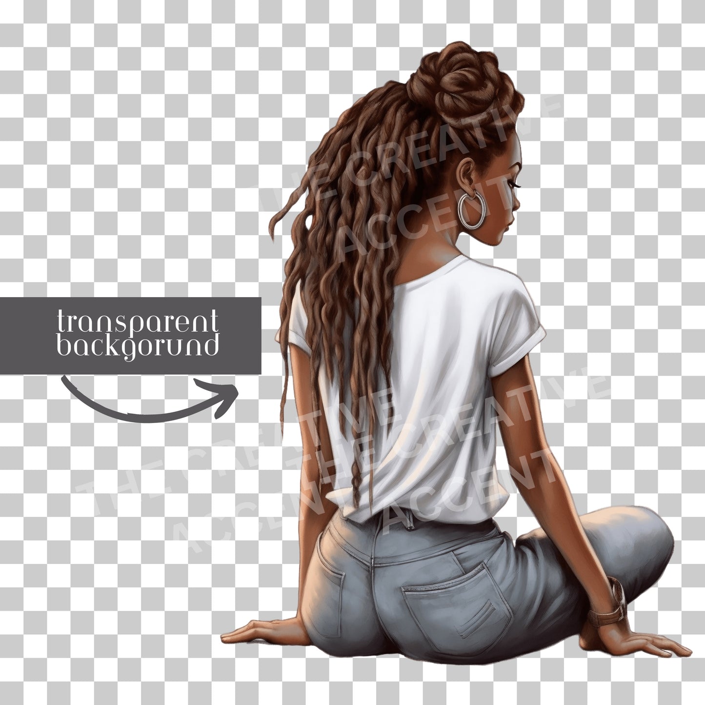 Woman Sitting Clipart, Back View of Black Women, African-American Female PNG, Braids, Locs, Jeans, Backview, Soft Illustration, Sublimation