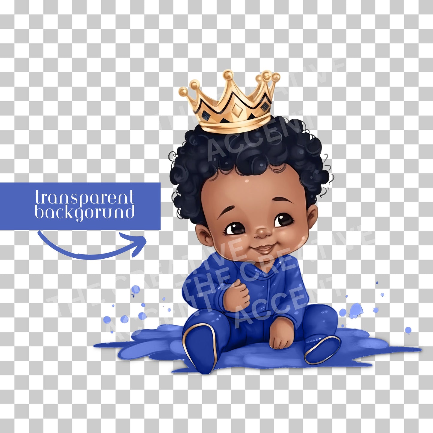 Black Gender Reveal Clipart, Little Black Boy Prince & Little Black Baby Girl Princess, Baby Shower, Watercolor Illustration, Gold Crown PNG