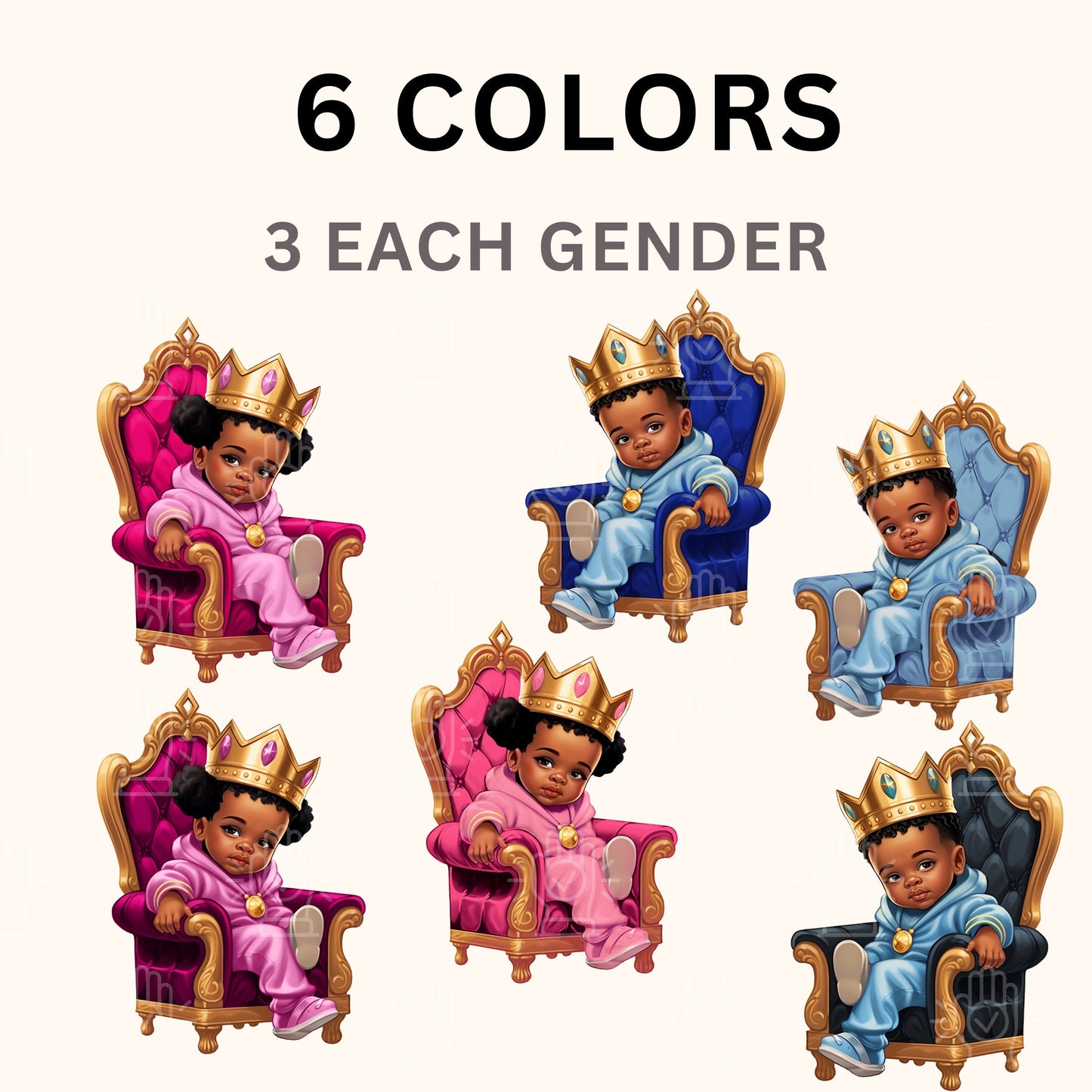 Black Gender Reveal Clipart, Little Black Boy Prince & Baby Girl Princess on Royal Throne, Baby Shower, Cartoon Illustration, Gold Crown PNG