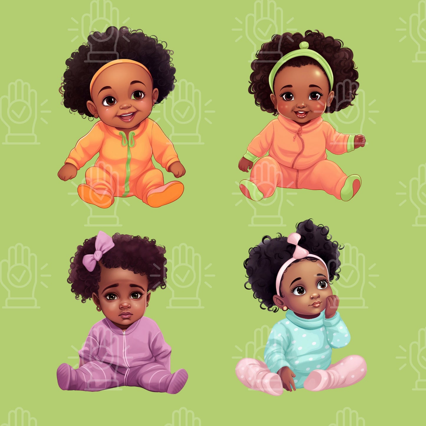 Black Baby Girl Bundle in Onesies Clipart, 12 PNG Illustration, Different Expressions, Cute Little Newborn, Colorful Babies Cartoon Shower