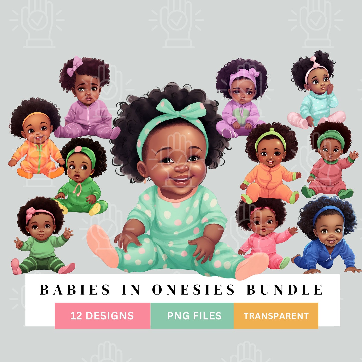 Black Baby Girl Bundle in Onesies Clipart, 12 PNG Illustration, Different Expressions, Cute Little Newborn, Colorful Babies Cartoon Shower