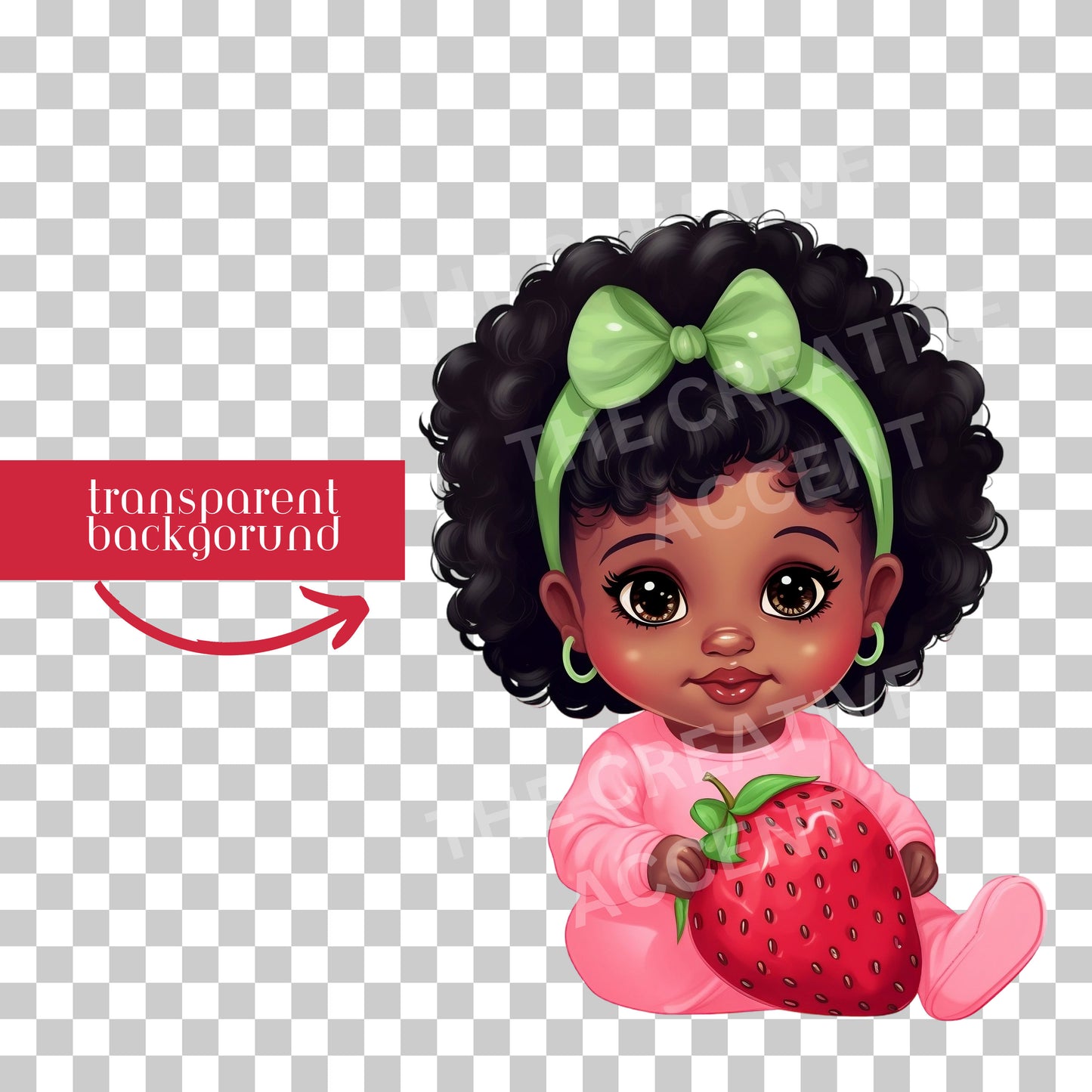 Strawberry Baby Girl Clipart, 9 PNG, Afro Black Baby Girl, Cute Strawberry Cake Theme, Pink, Red Green, Cute, Strawberry Baby Shower