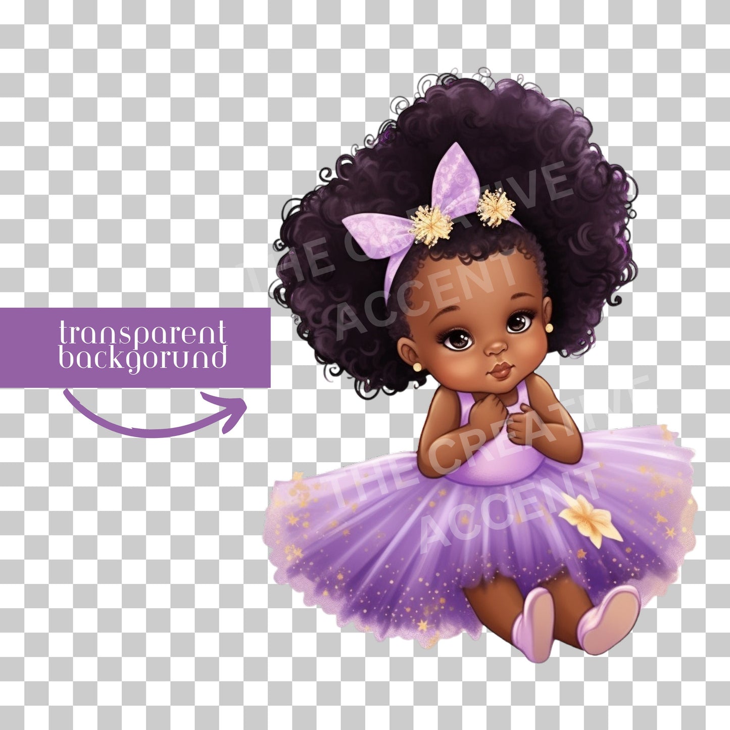 Baby Girl Princess in Purple Lavender & Gold Tutu Dress Clipart, Little Black Girl, 4 PNG, Baby Shower, natural hair, Ribbon, Gender Reveal