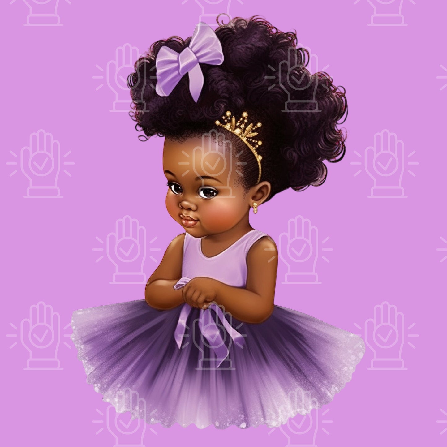 Baby Girl Princess in Purple Lavender & Gold Tutu Dress Clipart, Little Black Girl, 4 PNG, Baby Shower, natural hair, Ribbon, Gender Reveal