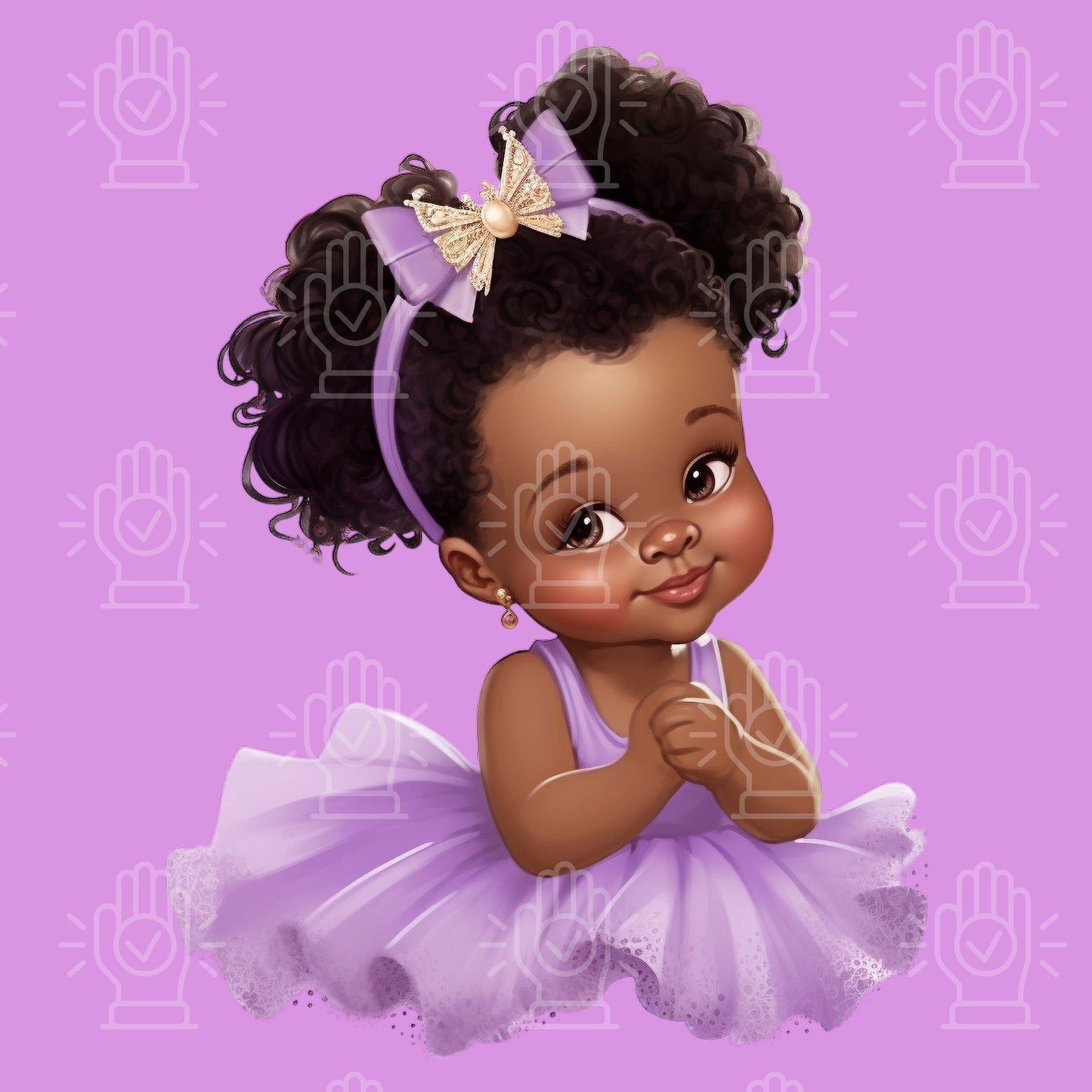 Baby Girl Princess in Purple Lavender & Gold Tutu Dress Clipart, Little Black Girl, 4 PNG, Baby Shower, natural hair, Ribbon, Gender Reveal