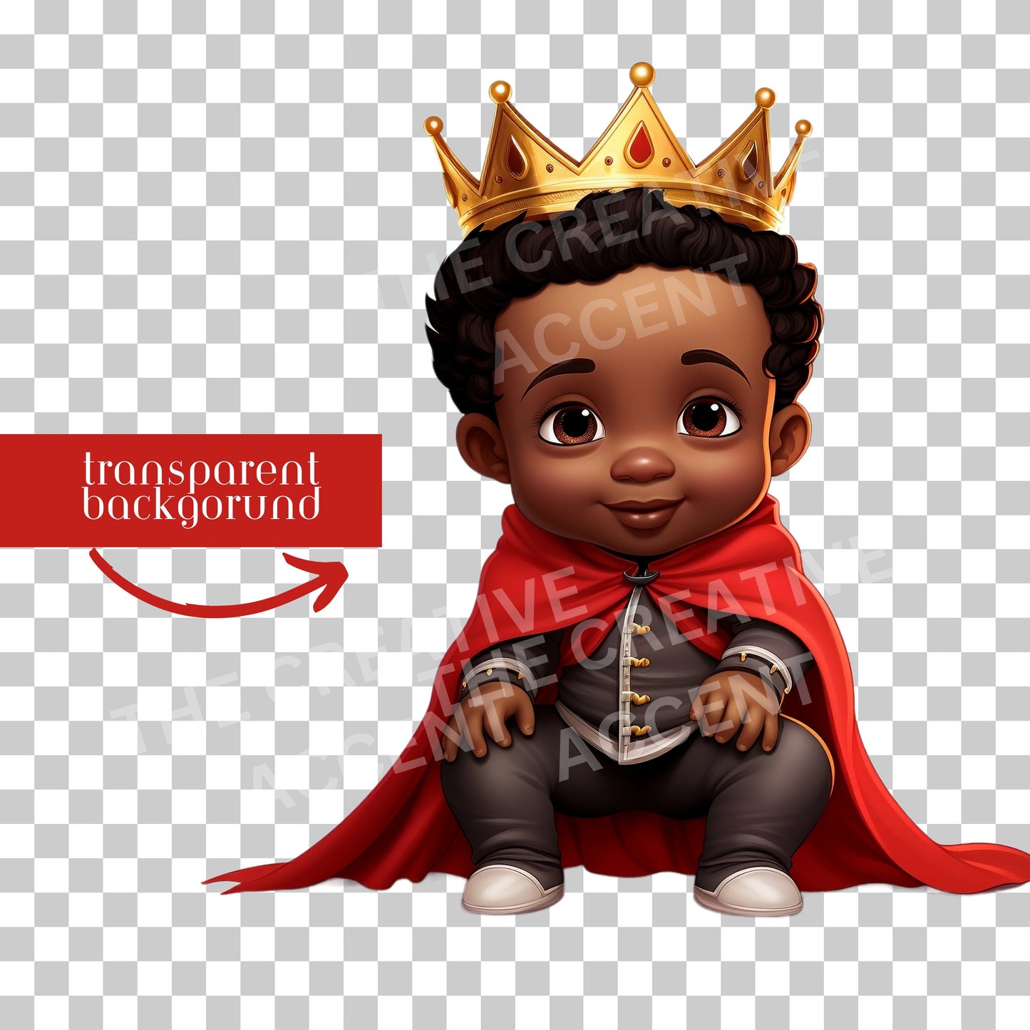 Black and Red Royal Babies in Red Clipart, Little Boy Kid with Gold Crown, Baby King PNG, African-American, Birthday, Baby Shower Cartoon