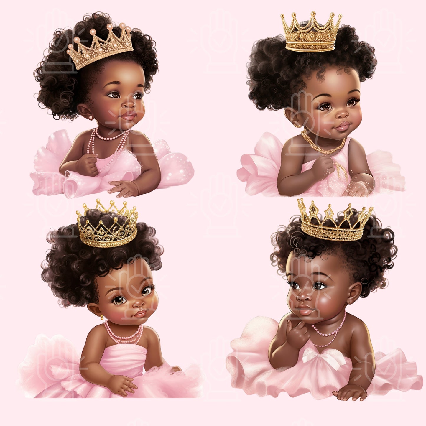 Black Baby Girl Princess in Pink Tutu Clipart, Baby Shower clipart, Little Girl with Crown, Gender Reveal, PNG bundle, Pink Theme, Afro hair
