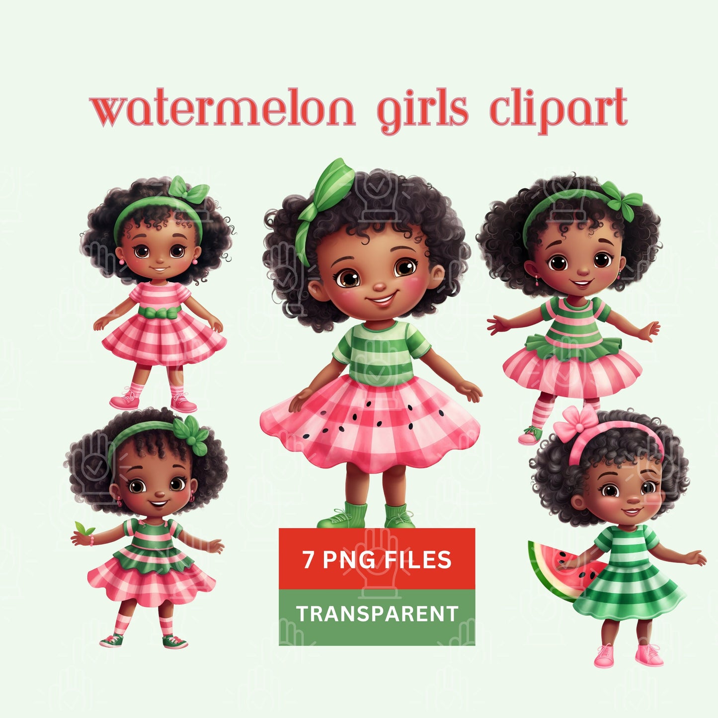 Watermelon Baby Girl Clipart, 7 PNG, Little Black Girl Toddler, Cute Watermelon Theme, Cute Afro, Dresses, Watercolor Soft Illustration