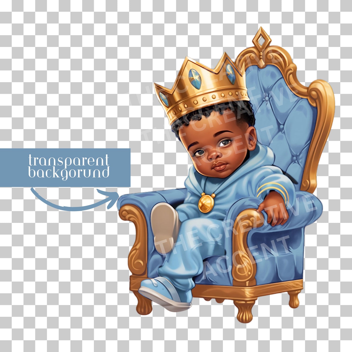 Black Gender Reveal Clipart, Little Black Boy Prince & Baby Girl Princess on Royal Throne, Baby Shower, Cartoon Illustration, Gold Crown PNG