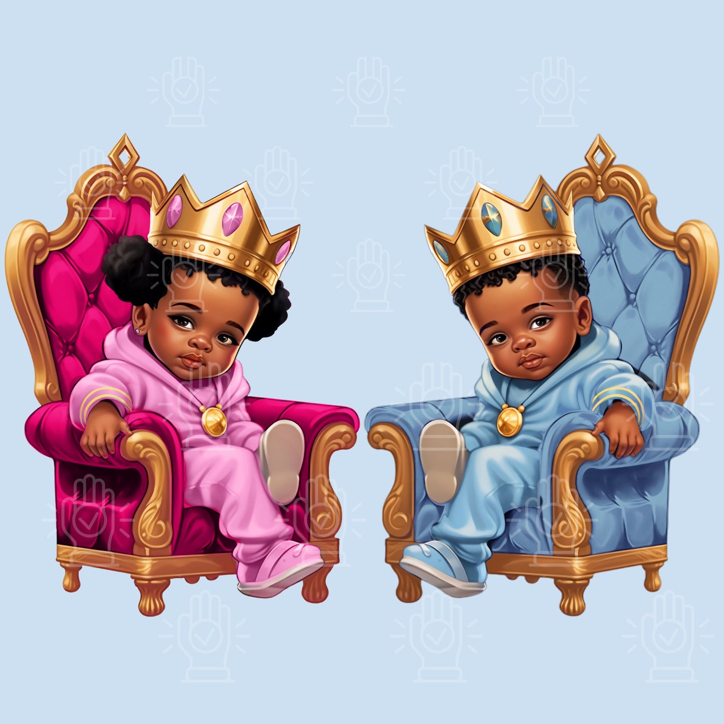 Black Gender Reveal Clipart, Little Black Boy Prince & Baby Girl Princess on Royal Throne, Baby Shower, Cartoon Illustration, Gold Crown PNG