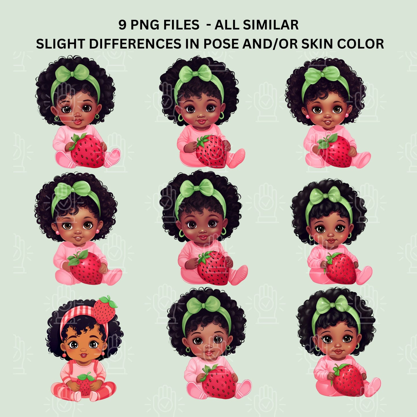 Strawberry Baby Girl Clipart, 9 PNG, Afro Black Baby Girl, Cute Strawberry Cake Theme, Pink, Red Green, Cute, Strawberry Baby Shower