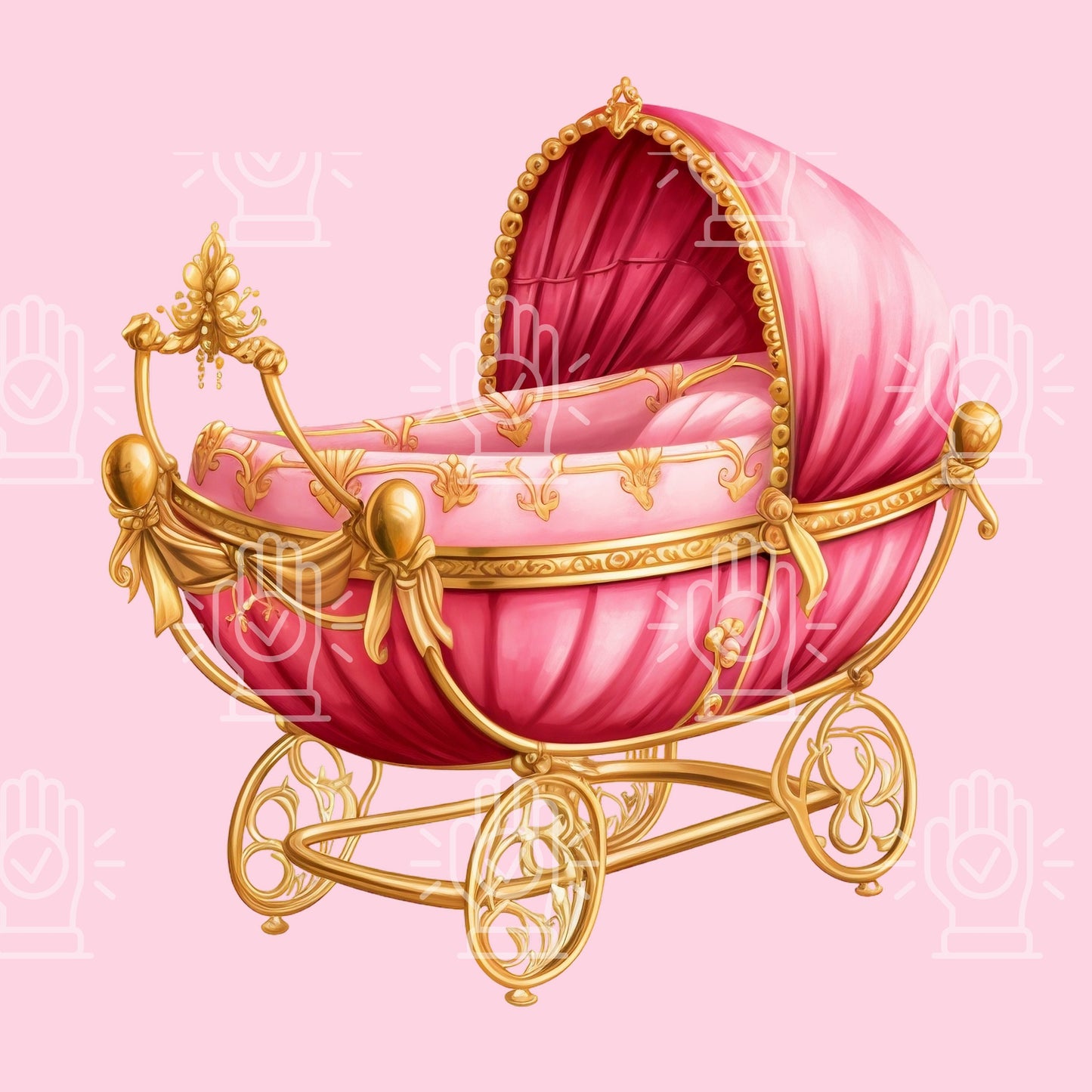 Baby Shower Element Clipart, Hot Pink Baby Girl Gold Bassinet, 4 PNG