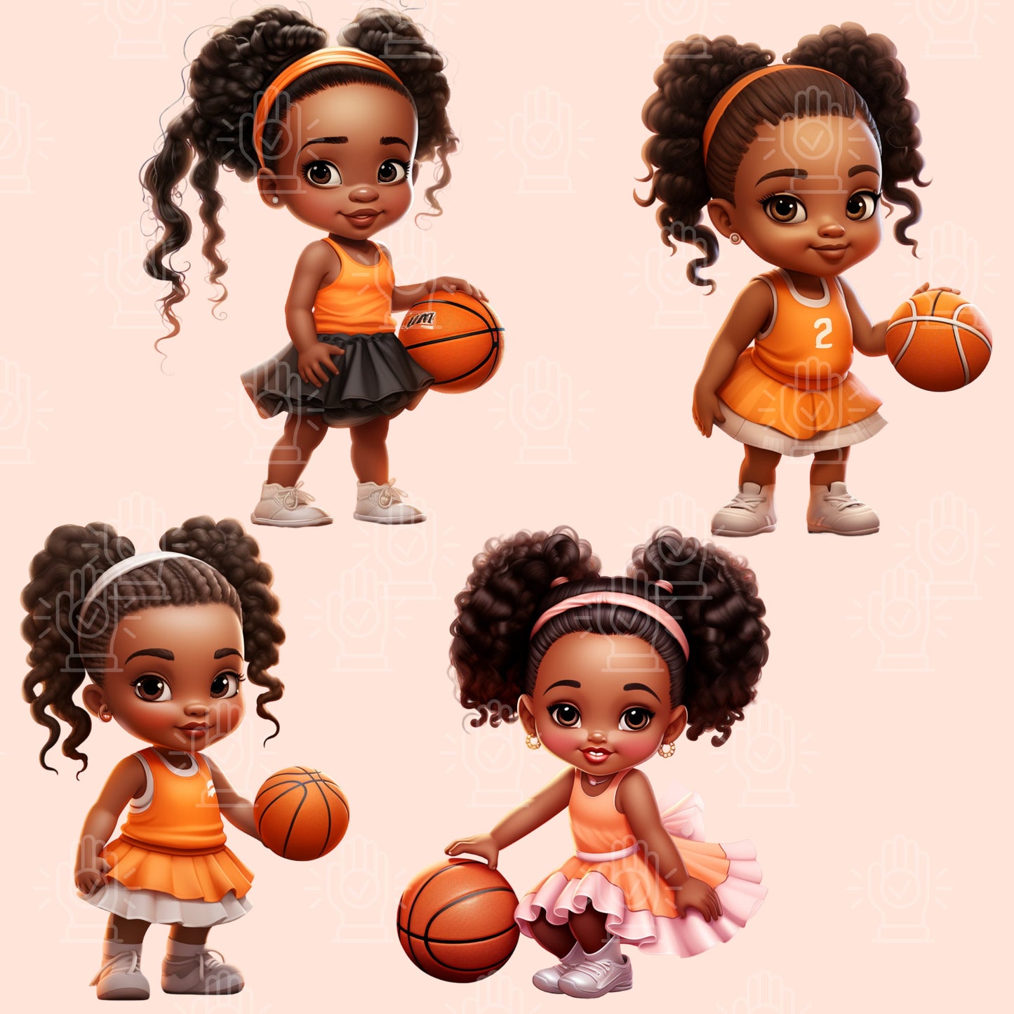 Basketball Baby Girl Princess, 12 PNG, Pink Tutu Dress, Little Black Baby Shower Clipart, Sports Theme Illustration, Sports Gender Reveal