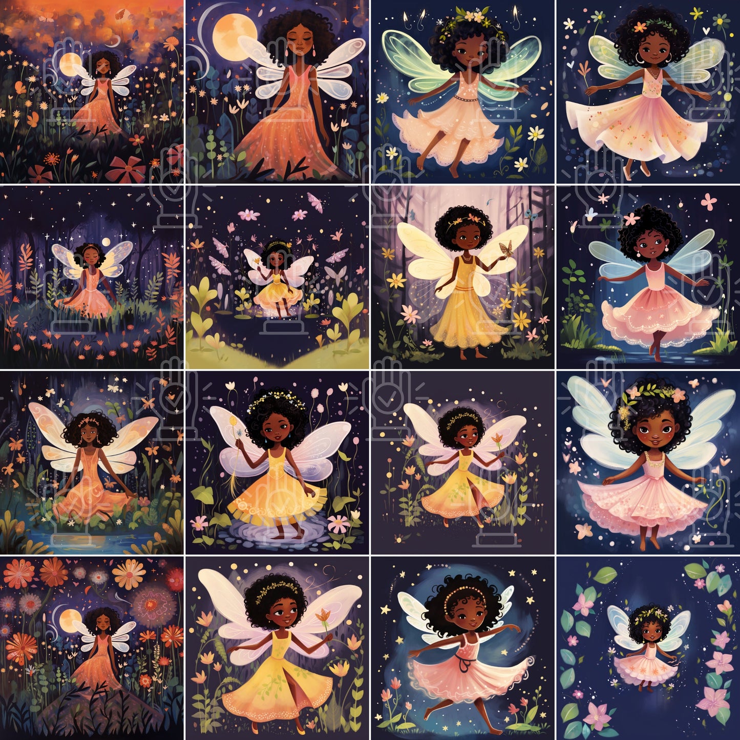 Black Girl Fairy Clipart, Little Fairies, Fairytale Cartoon Character Art, 55 PNG bundle, Children's Book Illustrations African-American Kid