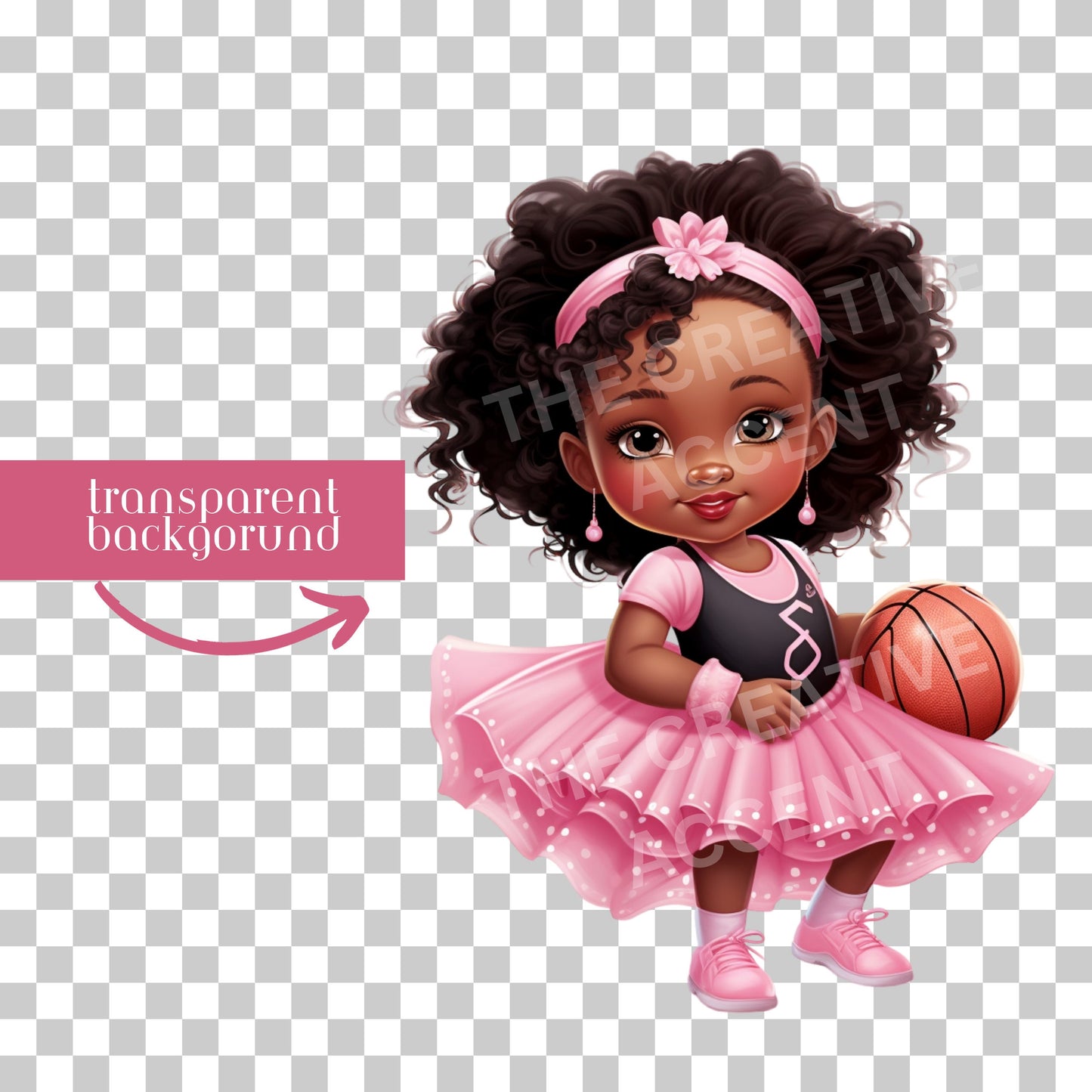 Basketball Baby Girl Princess, 12 PNG, Pink Tutu Dress, Little Black Baby Shower Clipart, Sports Theme Illustration, Sports Gender Reveal
