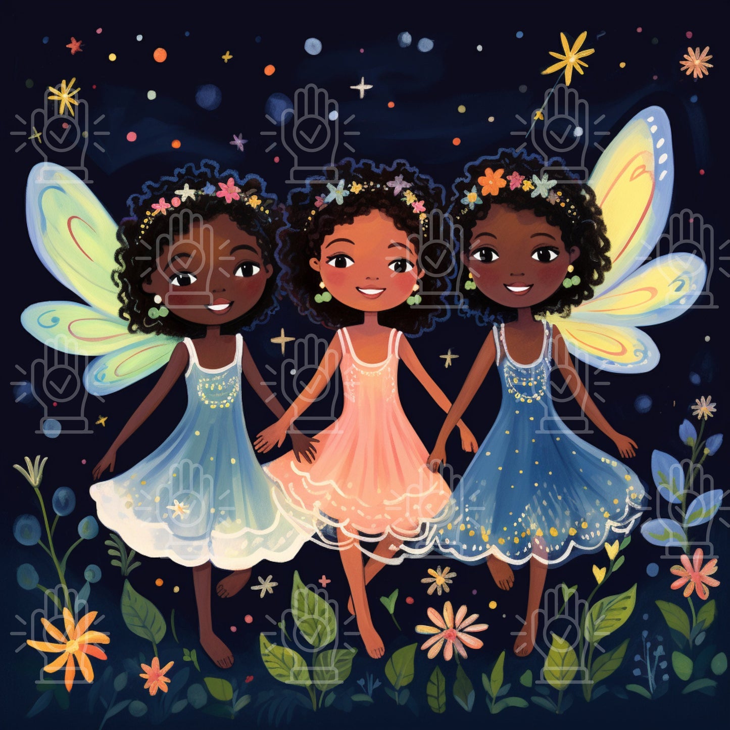 Black Girl Fairy Clipart, Little Fairies, Fairytale Cartoon Character Art, 55 PNG bundle, Children's Book Illustrations African-American Kid