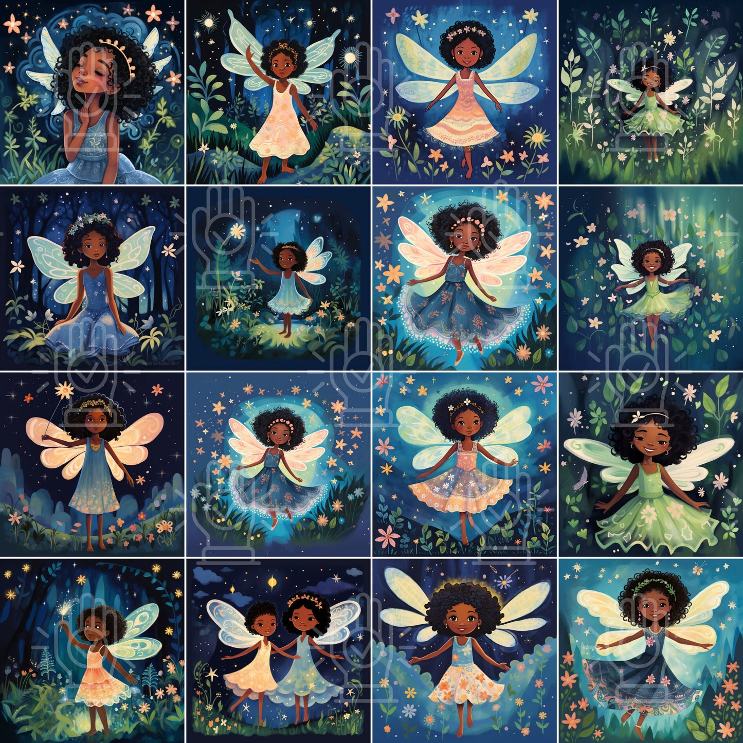 Black Girl Fairy Clipart, Little Fairies, Fairytale Cartoon Character Art, 55 PNG bundle, Children's Book Illustrations African-American Kid