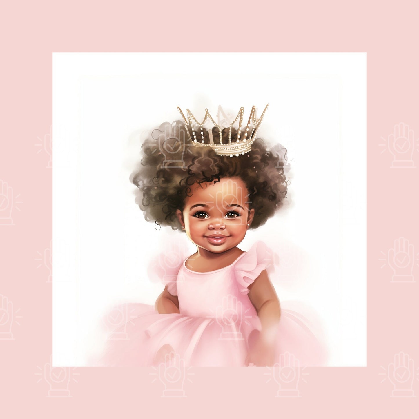 Little Black Girl Princess Watercolor Illustrations, 27 PNG, NOT transparent background, Pink Tutu dress, Baby Shower, Gold Crown, Afro hair