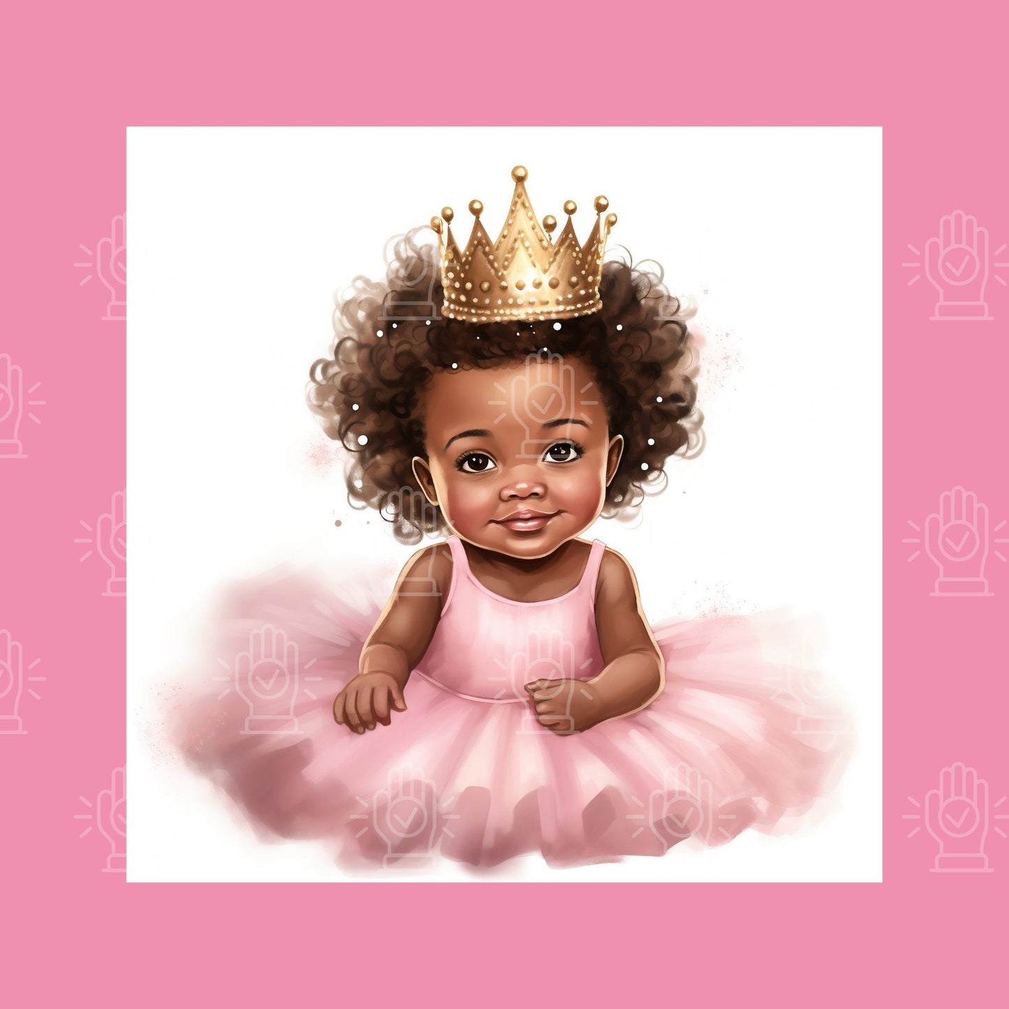 Little Black Girl Princess Watercolor Illustrations, 27 PNG, NOT transparent background, Pink Tutu dress, Baby Shower, Gold Crown, Afro hair