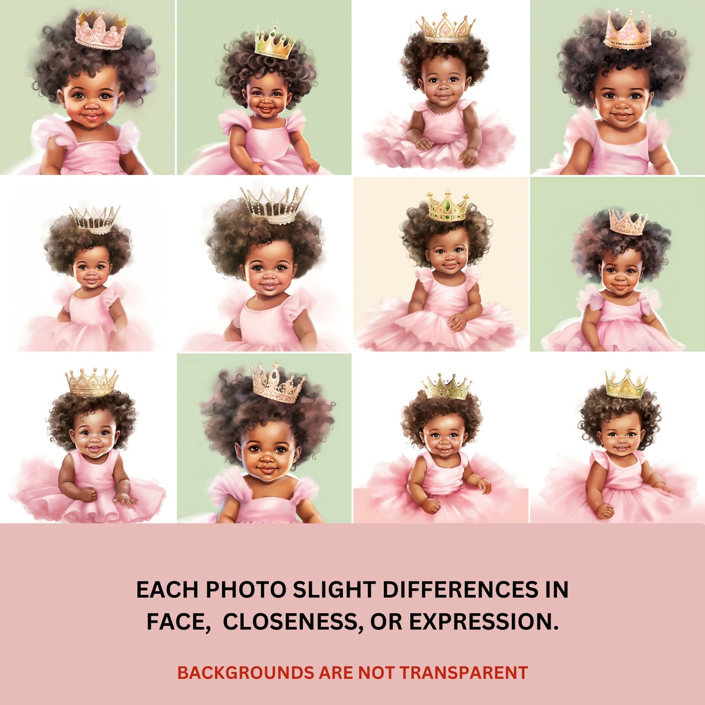 Little Black Girl Princess Watercolor Illustrations, 27 PNG, NOT transparent background, Pink Tutu dress, Baby Shower, Gold Crown, Afro hair