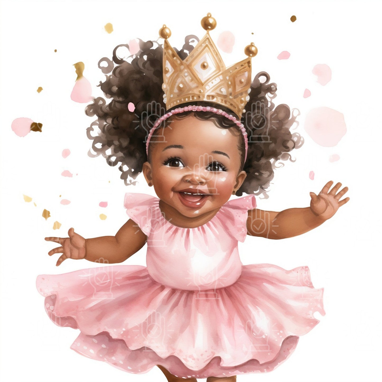 Little Black Girl Princess Watercolor Illustrations, 27 PNG, NOT transparent background, Pink Tutu dress, Baby Shower, Gold Crown, Afro hair