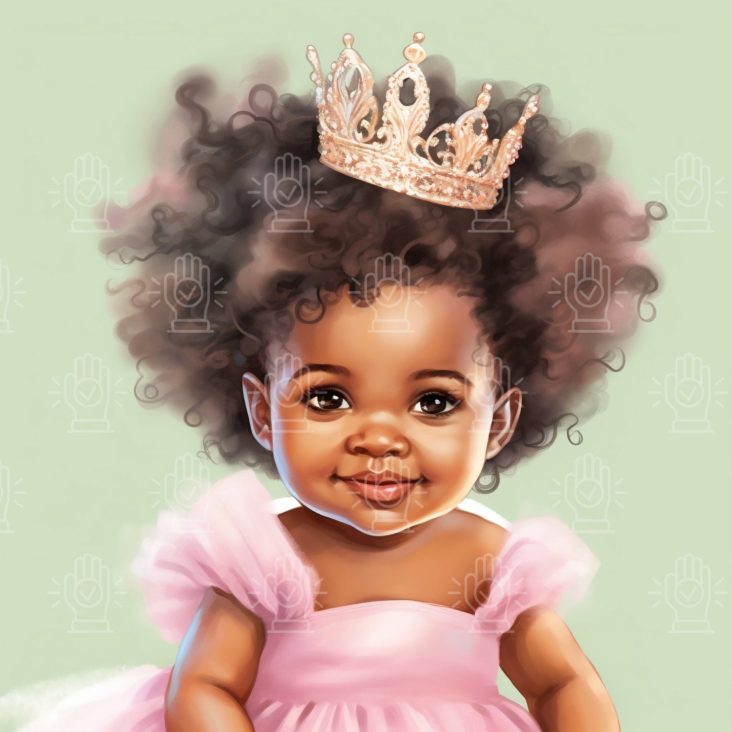 Little Black Girl Princess Watercolor Illustrations, 27 PNG, NOT transparent background, Pink Tutu dress, Baby Shower, Gold Crown, Afro hair
