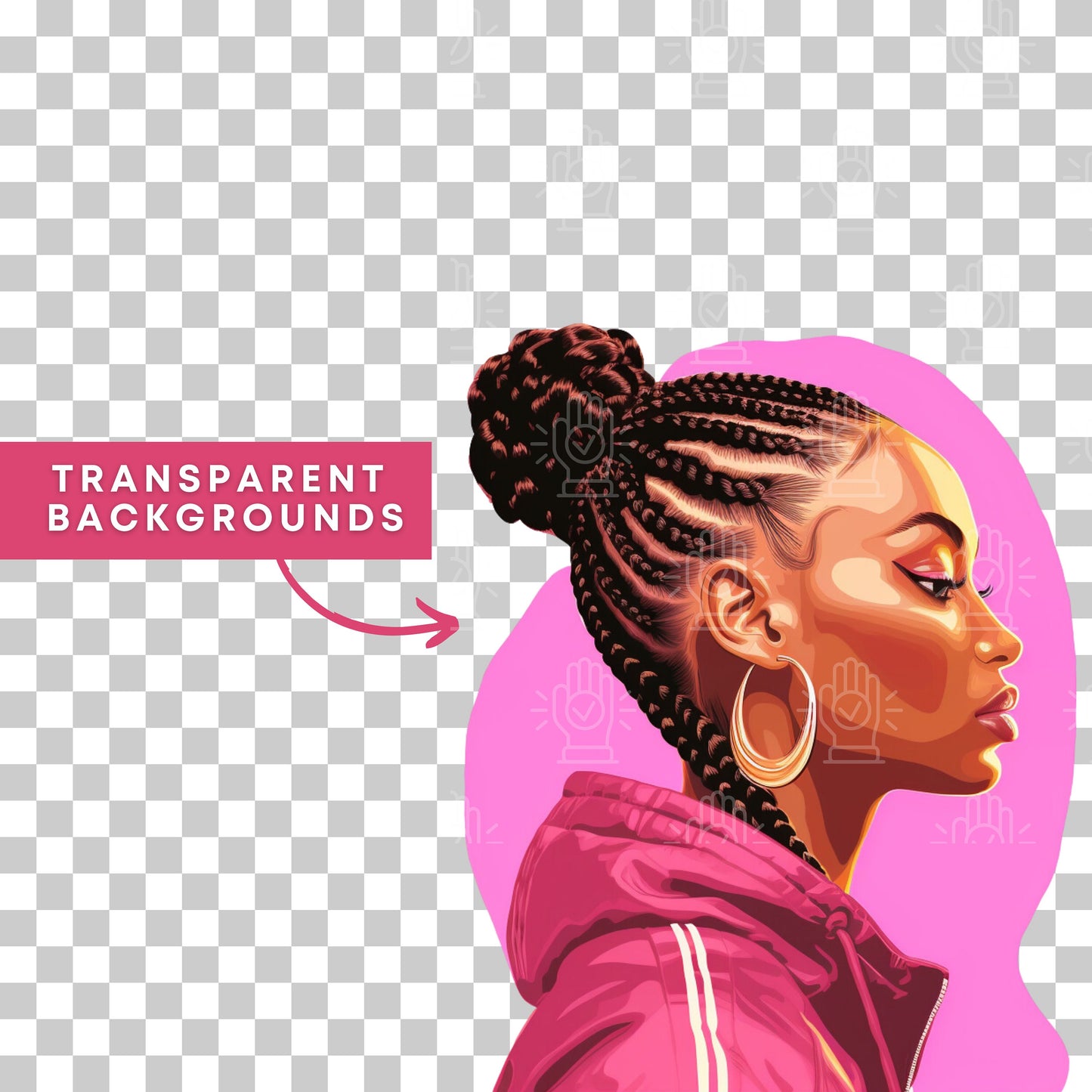 Black Woman Cornrow Ponytail Clipart, Beauty Salon, Supply Product Hairstyle Illustration, Girl Braids, Ethnic Hair Stylist Pink Cartoon