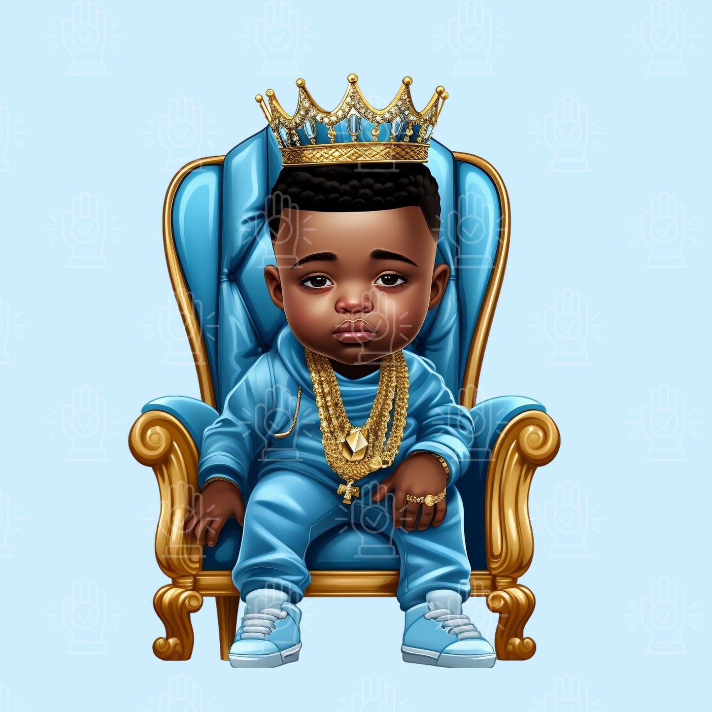 Black Baby on Royal Throne, Chair, Prince with Crown, Baby Blue Shower Clipart, Crowned Boy Sitting, King PNG, African-American, Children