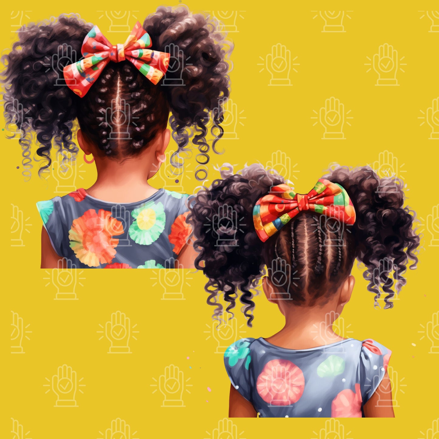 Back View of Black Girl Clipart, 12 PNG, Kids Hairstyle Watercolor, Commercial Use