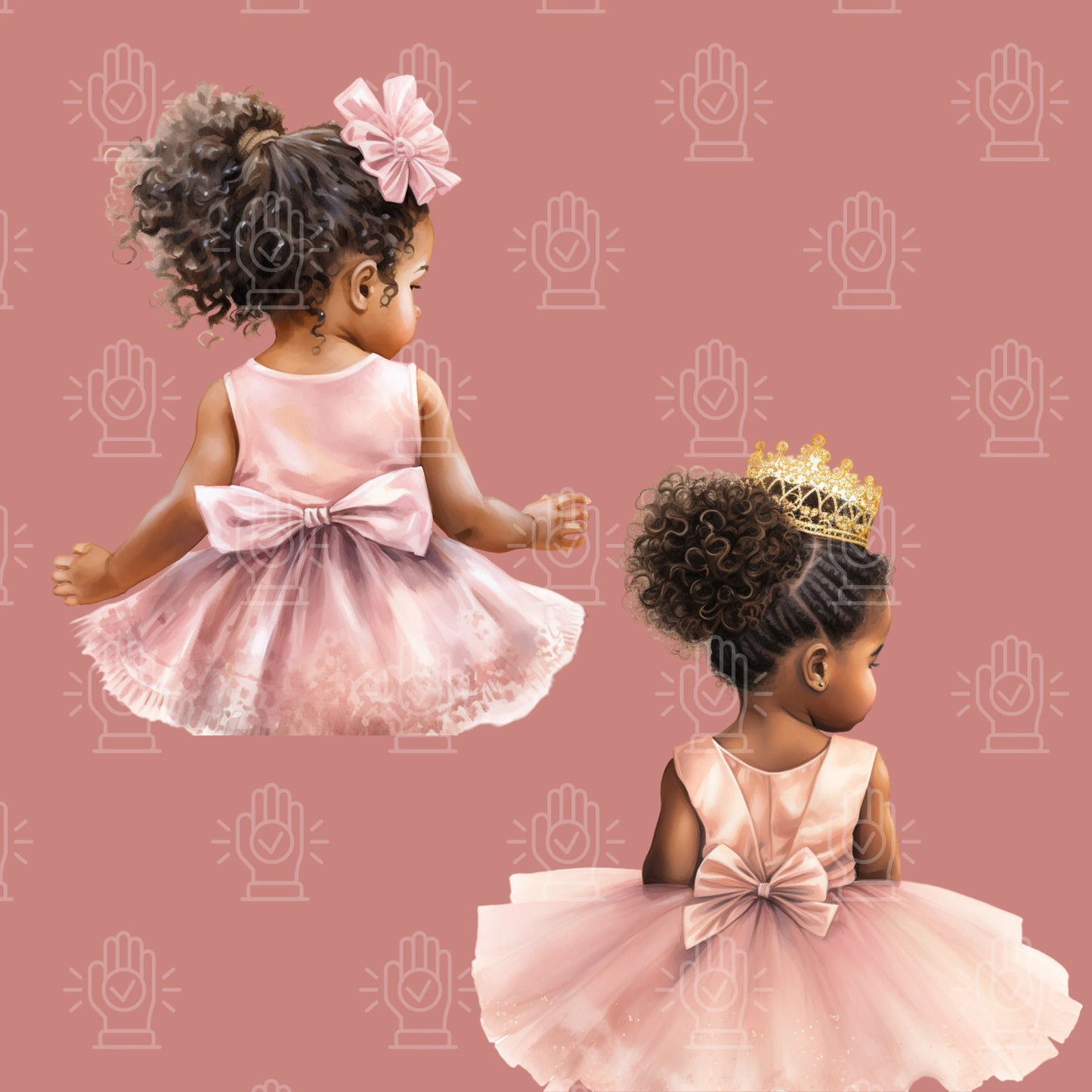 Watercolor Black Baby With Tutu Clipart, 14 PNG, Backview Ballerina Illustration, Little Girl Princess Pink Dress Shower