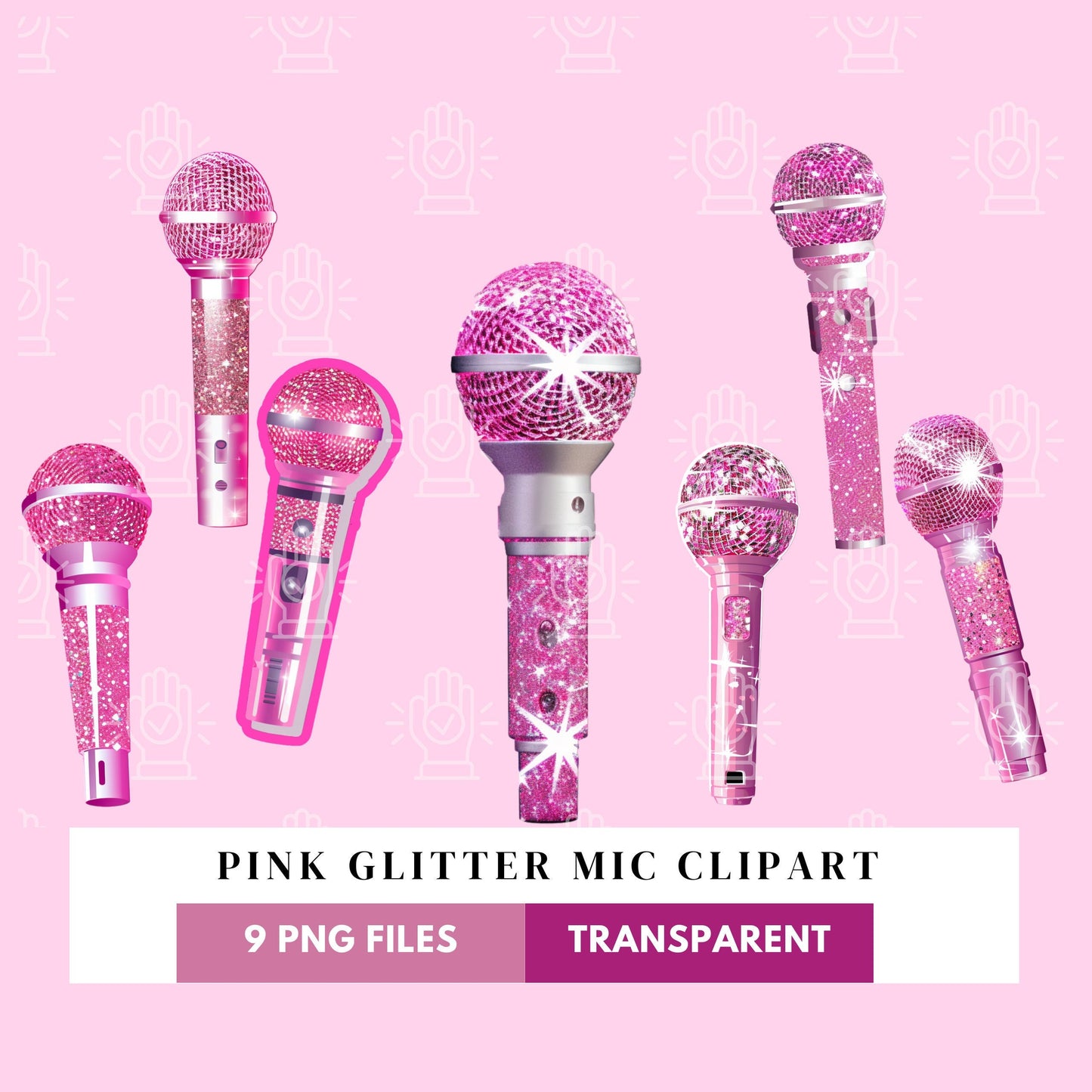 Pink Microphone Clipart, 9 PNG, Hot Pink & Silver Glitter Mic, Illustration for Girl, Child Singer, Little Kid Performing Arts, Choir Decor