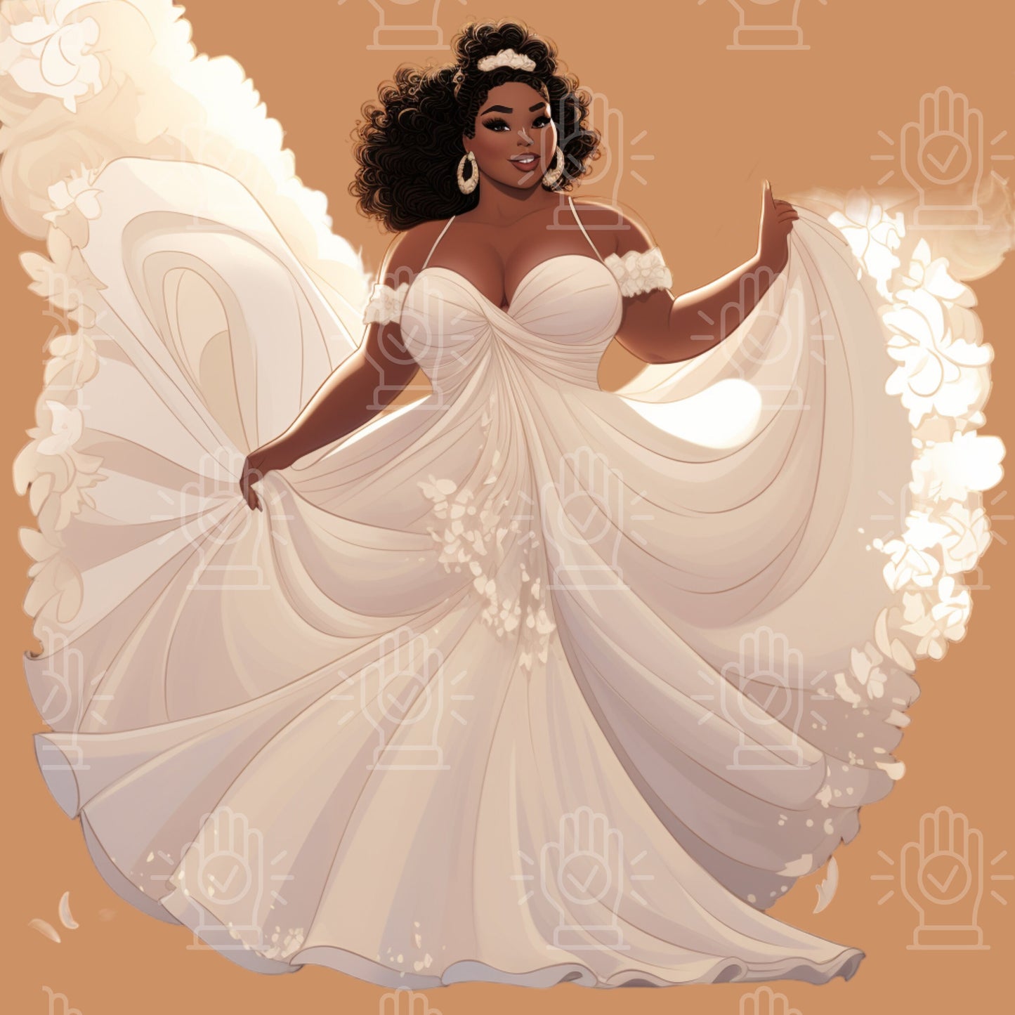 Black Plus Size Bride Clipart, Curvy Woman, 12 PNG, Wedding Dress Illustration, Ladies White Veil, Thick Queen Cartoon Engagement Party Gift