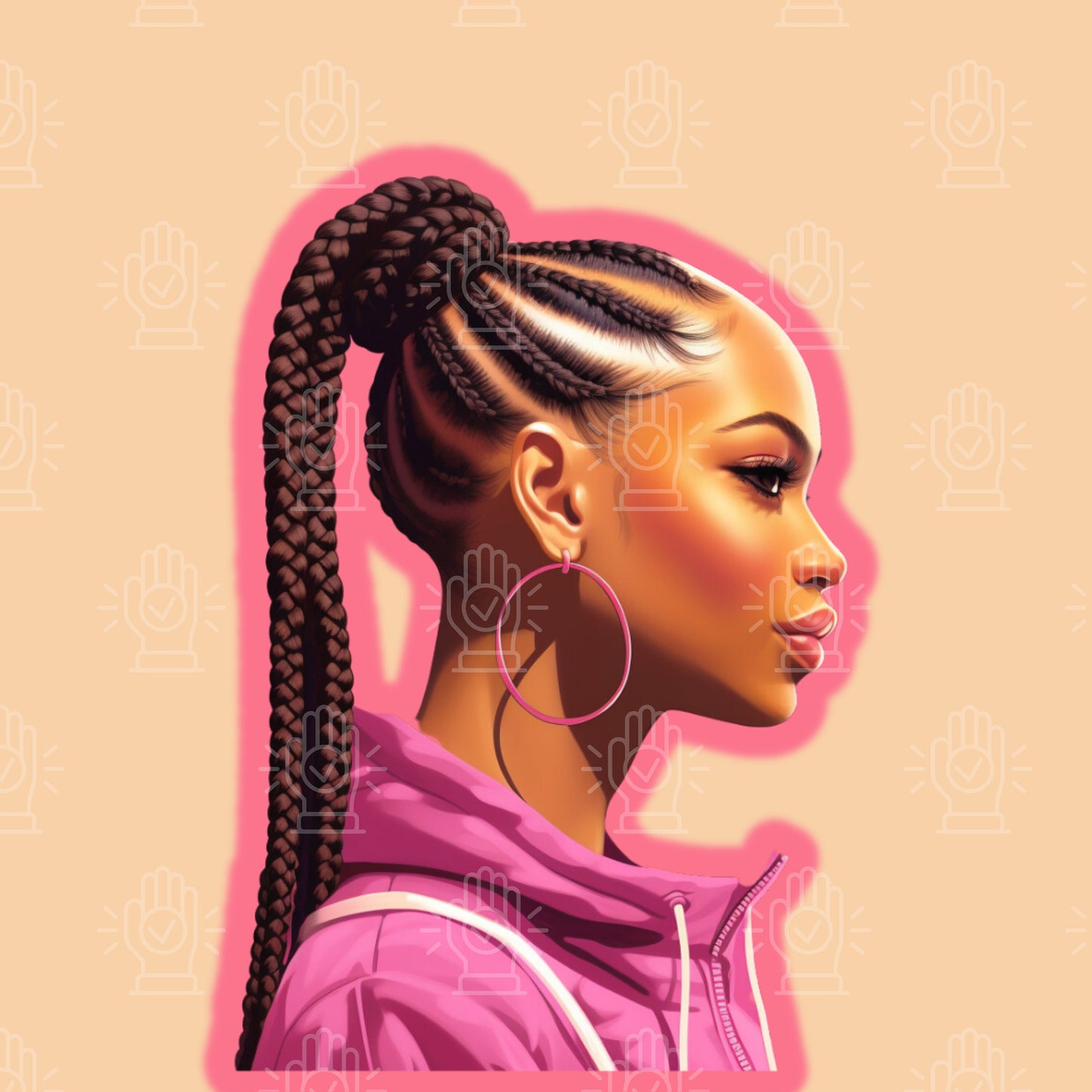 Black Woman Cornrow Ponytail Clipart, Beauty Salon, Supply Product Hairstyle Illustration, Girl Braids, Ethnic Hair Stylist Pink Cartoon