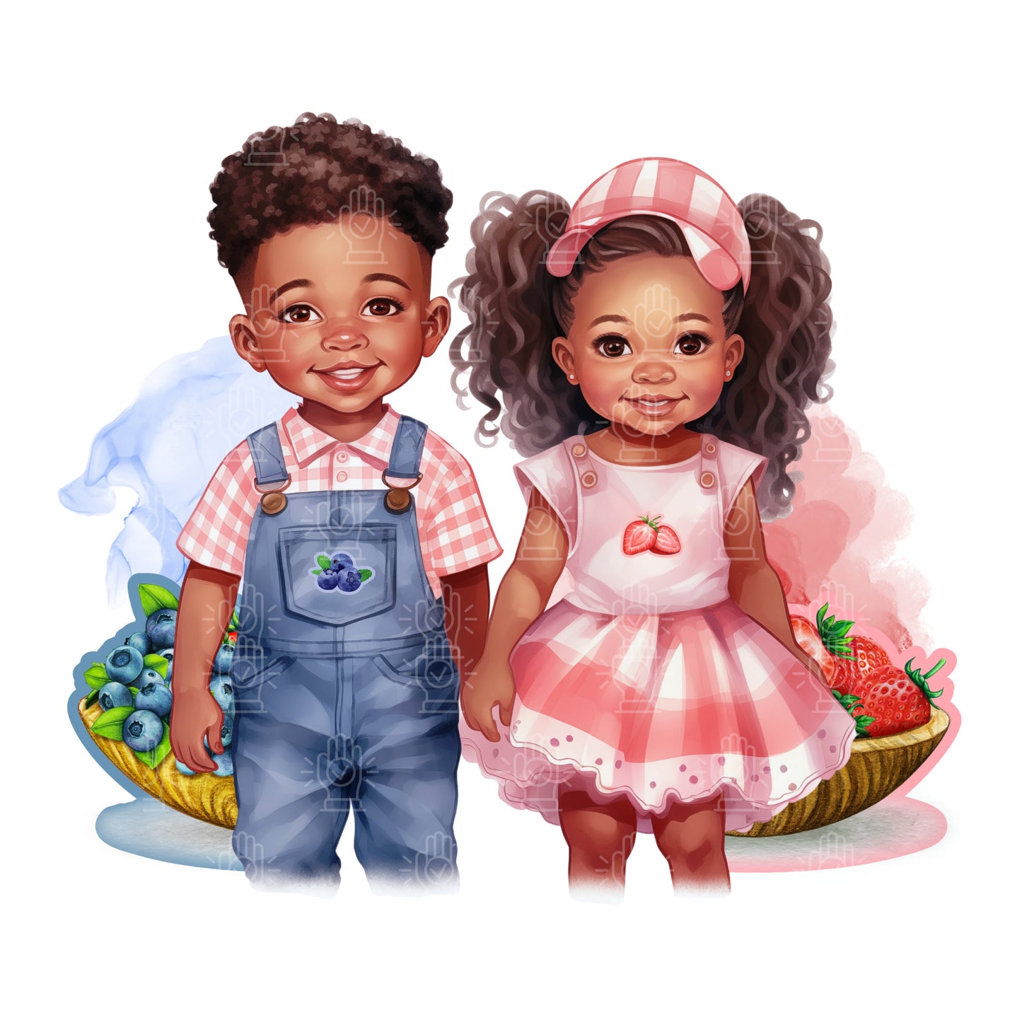 Berry Sweet Kids Gender Reveal Clipart, Black Baby Shower, Little Boy and Girl, Blueberry or Strawberry Theme, Watercolor, Twins, Overalls