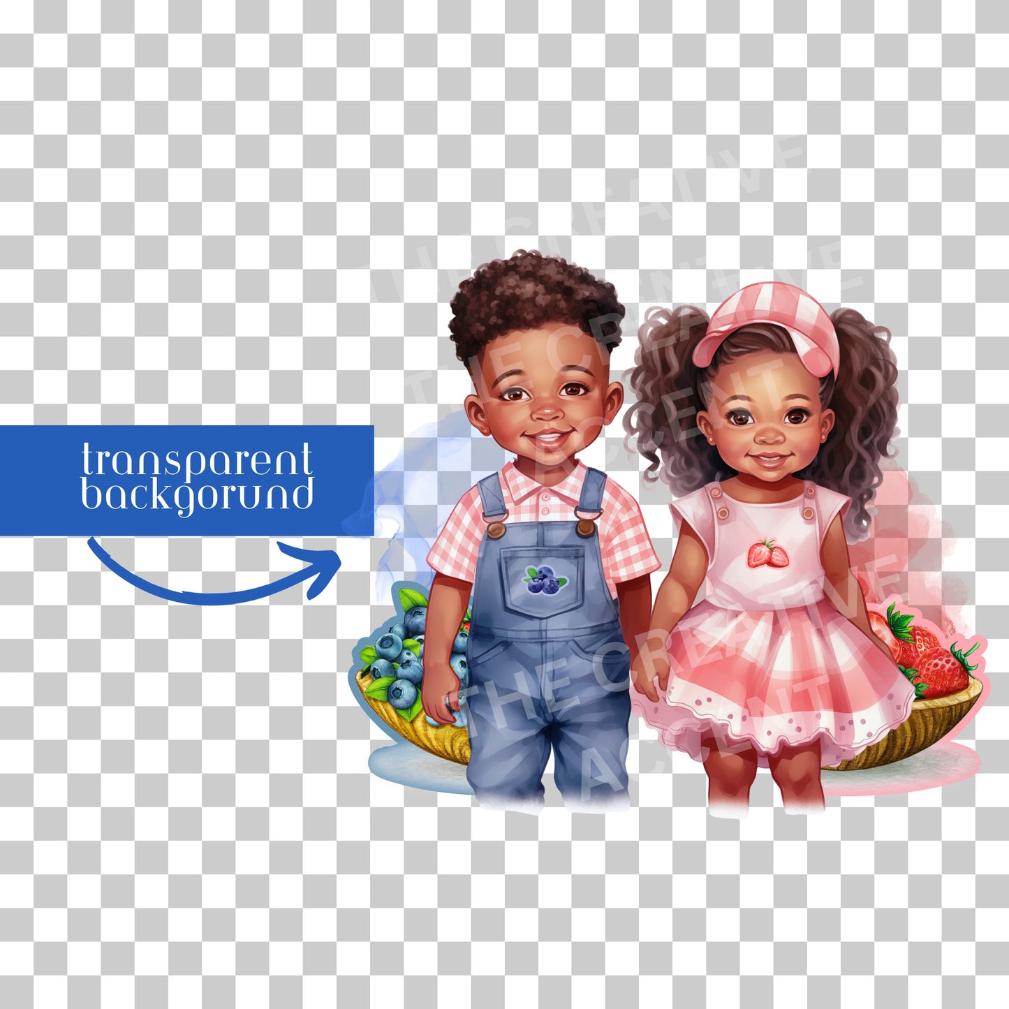 Berry Sweet Kids Gender Reveal Clipart, Black Baby Shower, Little Boy and Girl, Blueberry or Strawberry Theme, Watercolor, Twins, Overalls