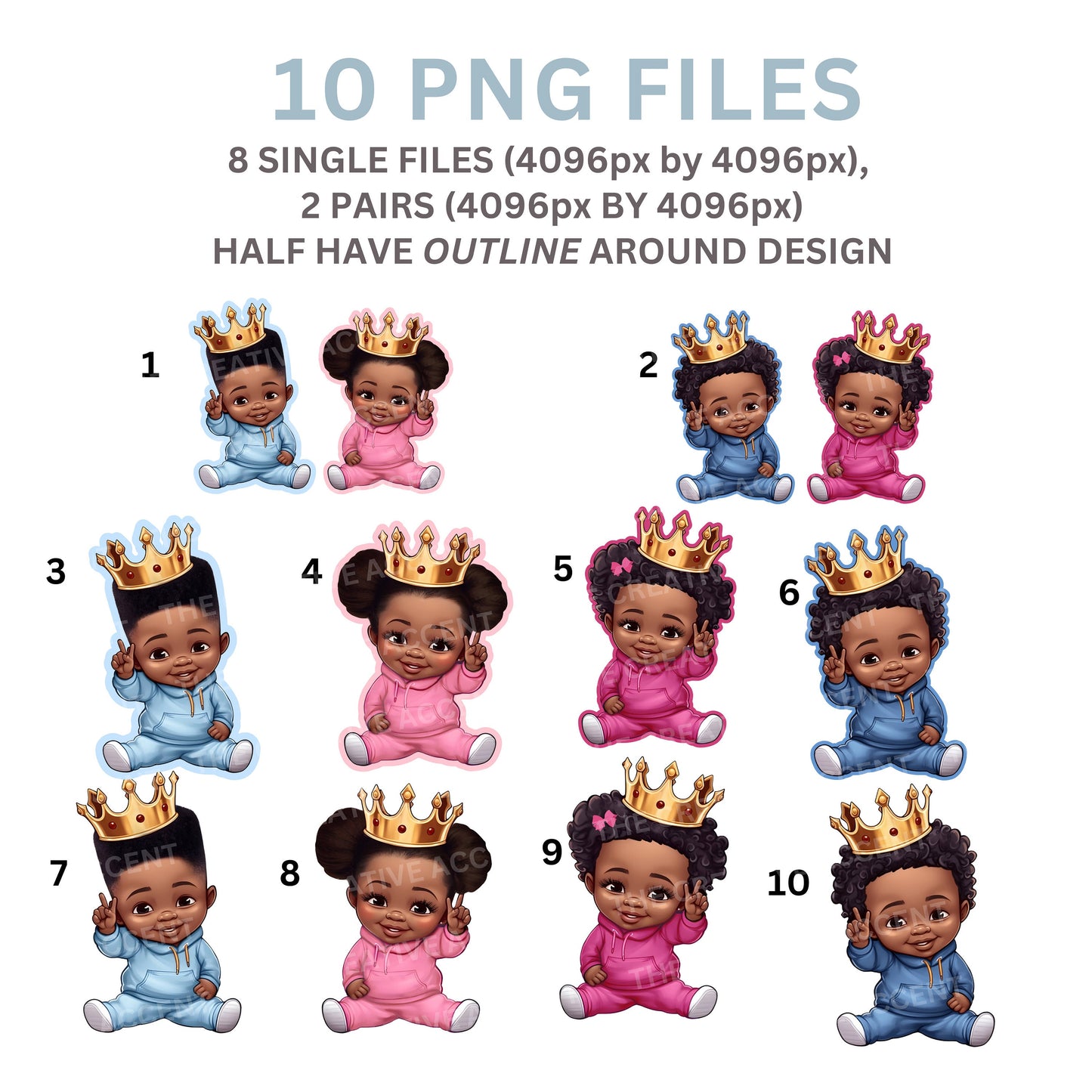 Black Baby Prince and Princess Clipart, 10 PNG Files Little Boy and Girl with Royal Gold Crown, Gender Reveal Pair, Shower Centerpiece
