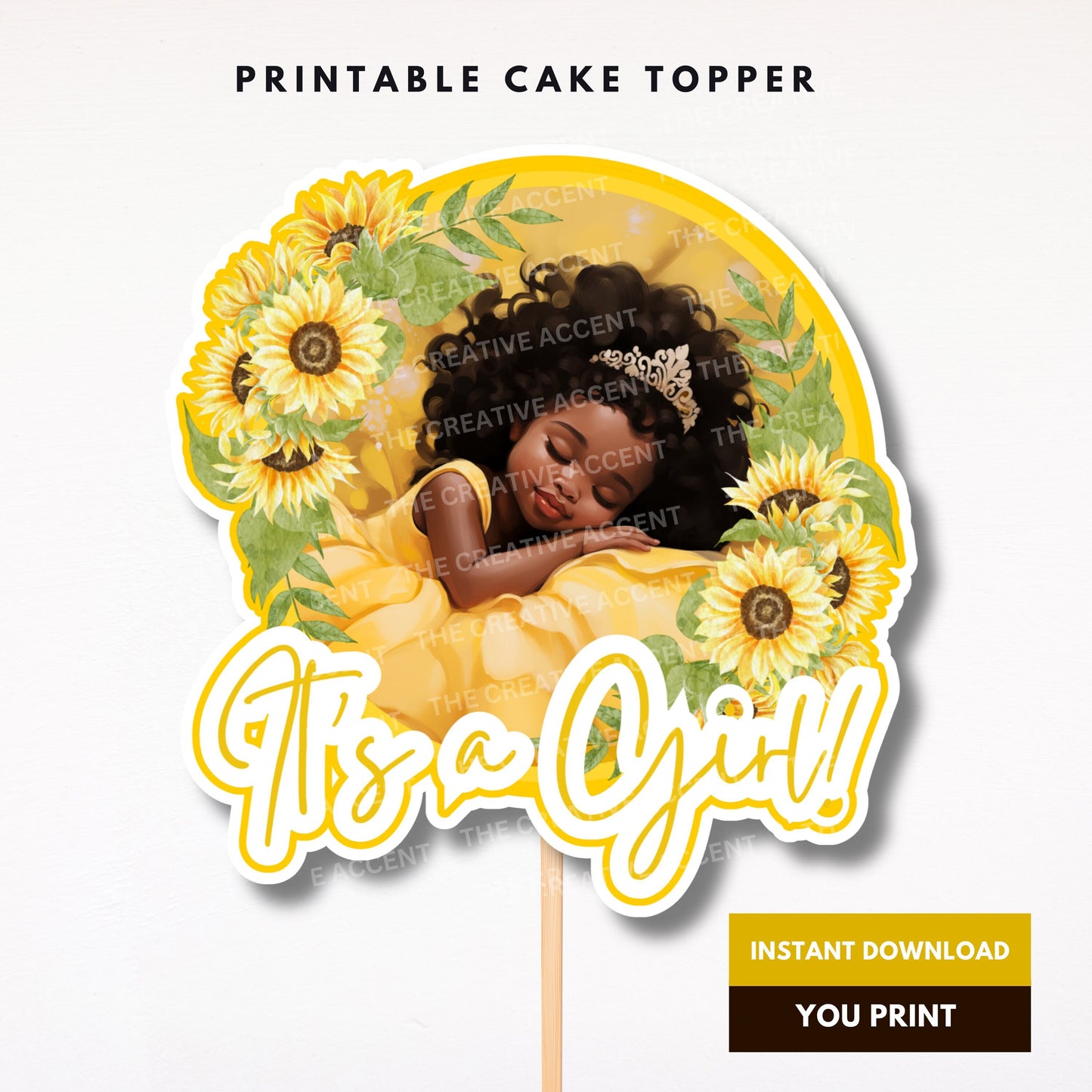 Printable Sunflower Baby Shower Cake Topper for Black It's A Girl, Yellow Flower Princess, Sunshine Theme, African American, clipart, Afro
