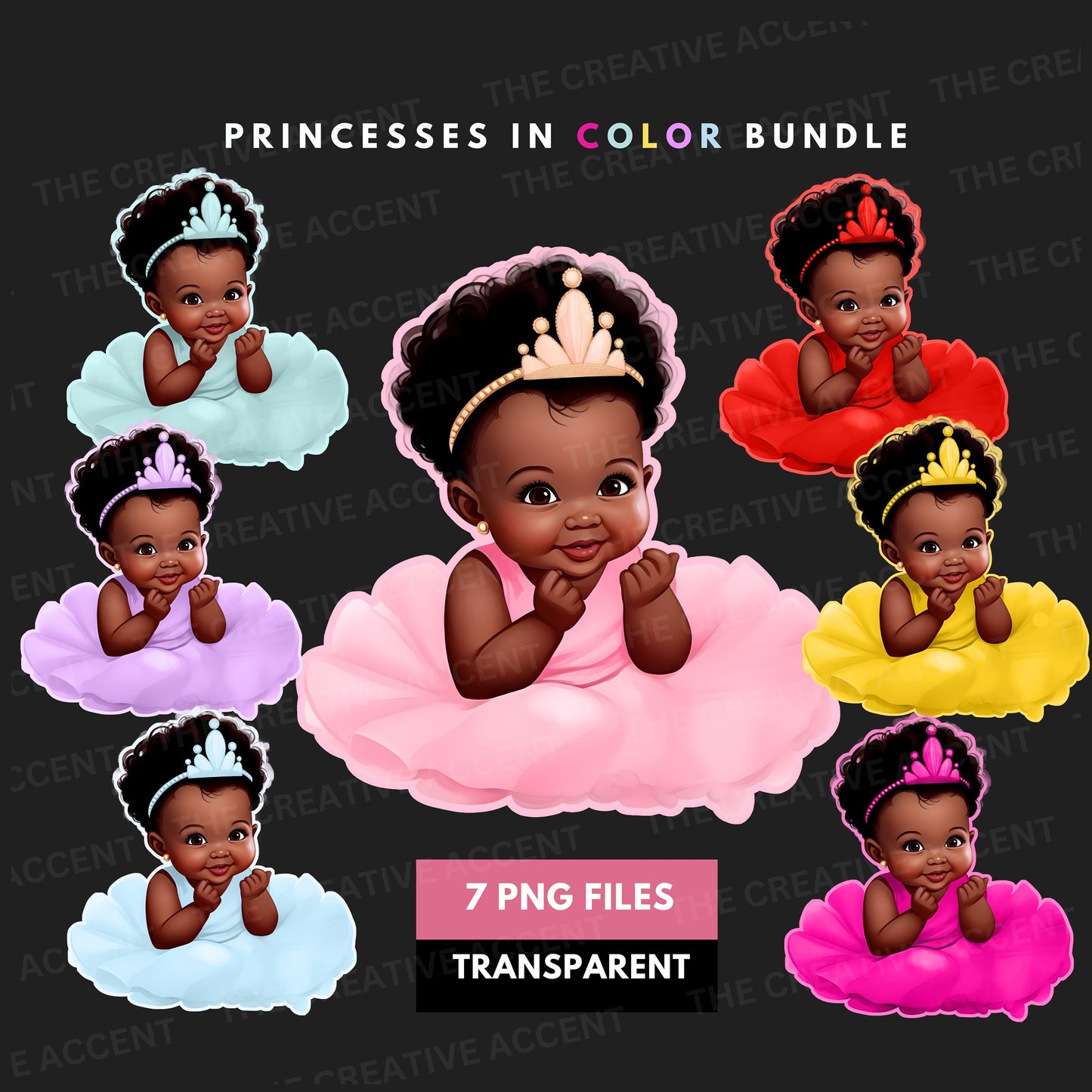 Black Baby Princess Clipart in Tutu Dress, Girl Baby Shower, Little Newborn with Tiara Crown, 7 PNG bundle, First Birthday, Gender Reveal