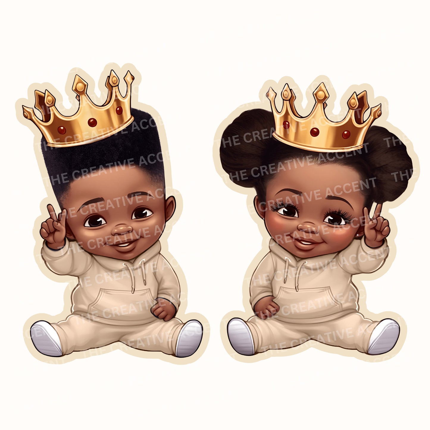 Black Baby Boy and Girl Clipart, 3 PNG, Neutral Theme Shower, Prince and Princess in Beige, Twins Birthday, Little Kids with Gold Crown