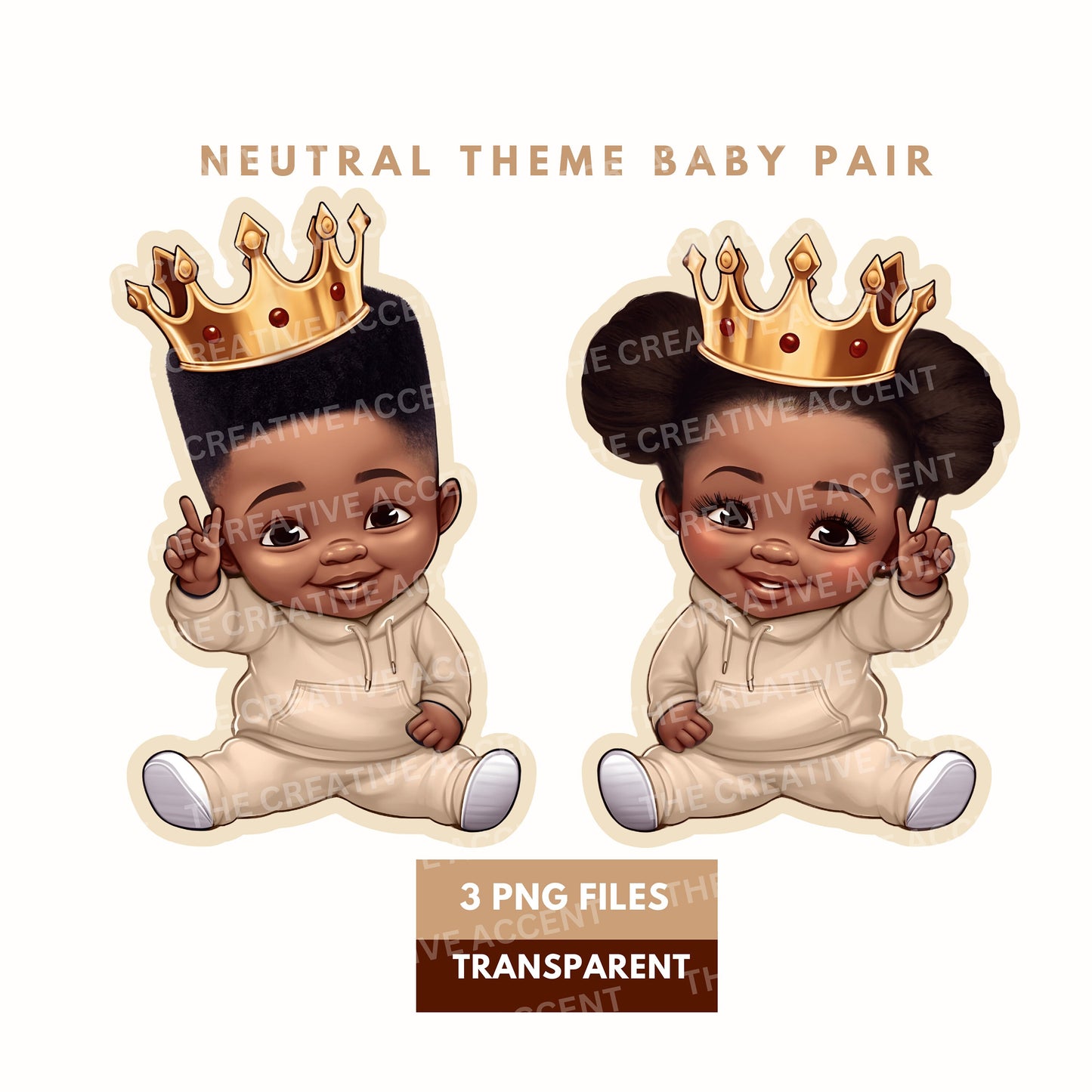 Black Baby Boy and Girl Clipart, 3 PNG, Neutral Theme Shower, Prince and Princess in Beige, Twins Birthday, Little Kids with Gold Crown