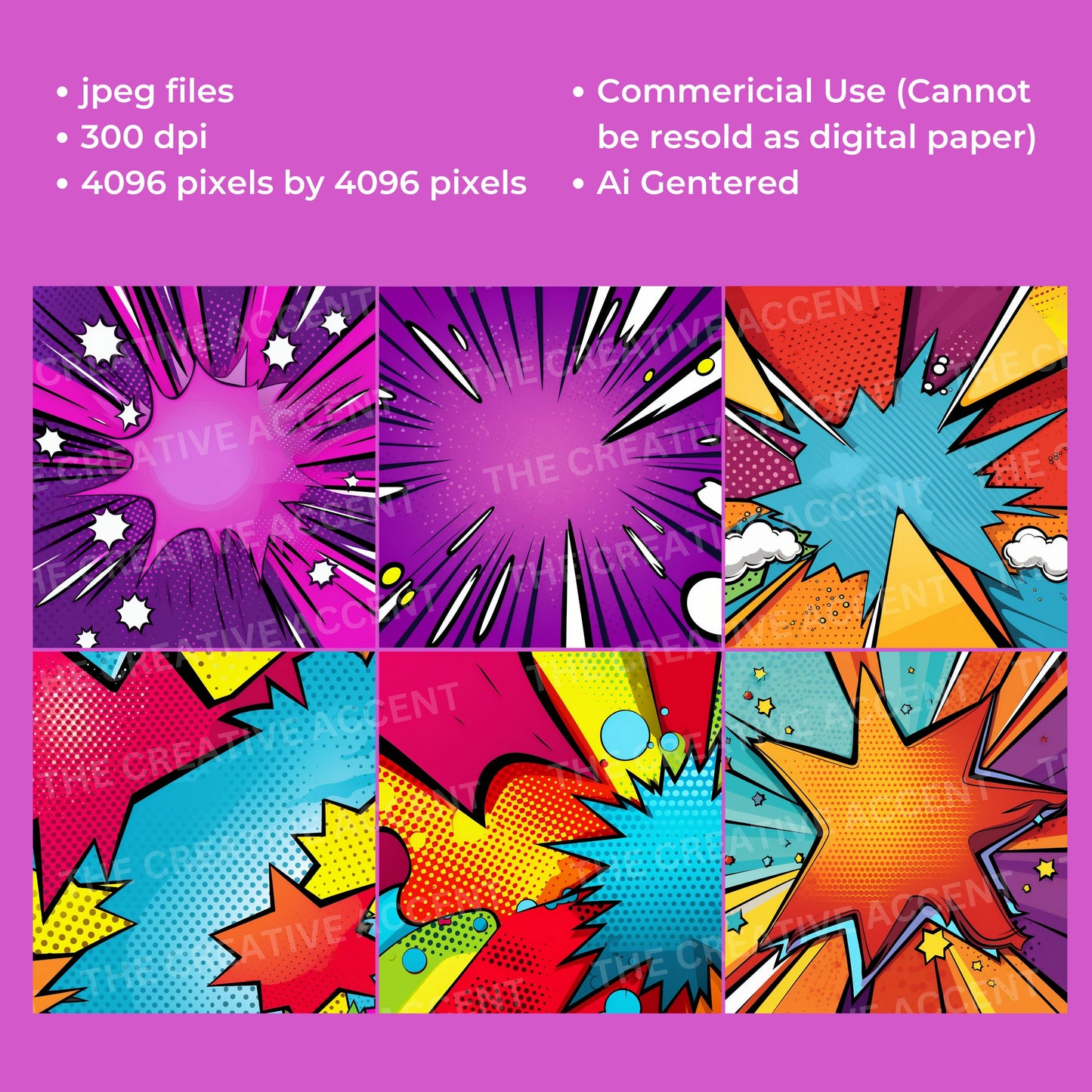 Pop Art Background Digital Paper, 29 JPEG Digital Papers, Ai, Pow Kaboom Art, Clouds, Colorful Comic Book Illustrations