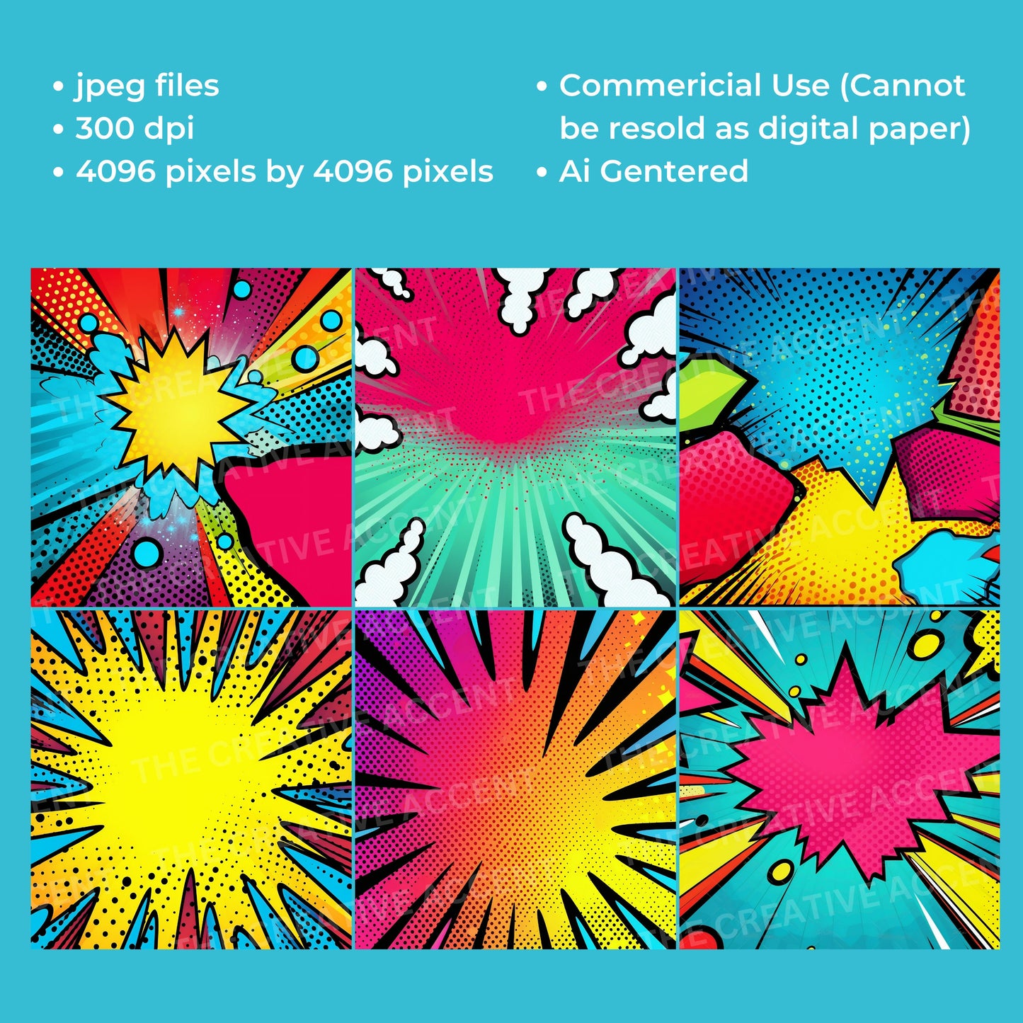 Pop Art Background Digital Paper, 29 JPEG Digital Papers, Ai, Pow Kaboom Art, Clouds, Colorful Comic Book Illustrations