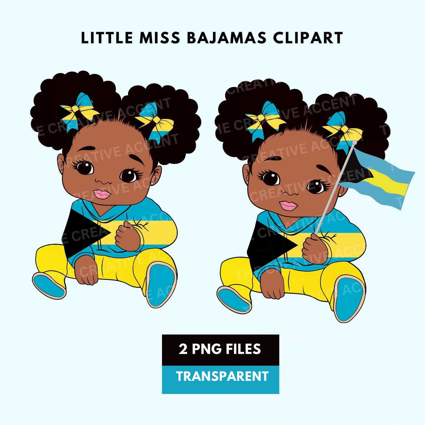 Little Bahamas Baby Girl Clipart, 2 PNG Files, Bahamas Vacation Kids T-Shirt Design Flag