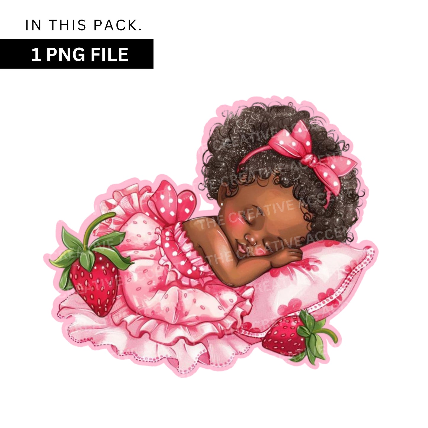 Strawberry Girl Sleeping Clipart, Black Baby Shower, 1 PNG, Berry Sweet, Strawberry cake Theme, Pink, Red, Watercolor Illustration