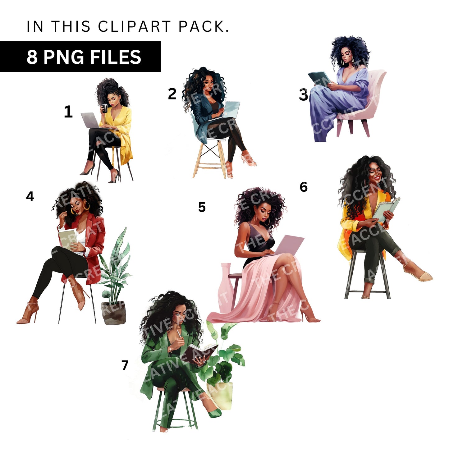 Planner Girl Clipart, 7 PNG, Black Business Women, Office Entrepreneur Illustration, Boss Woman Journaling