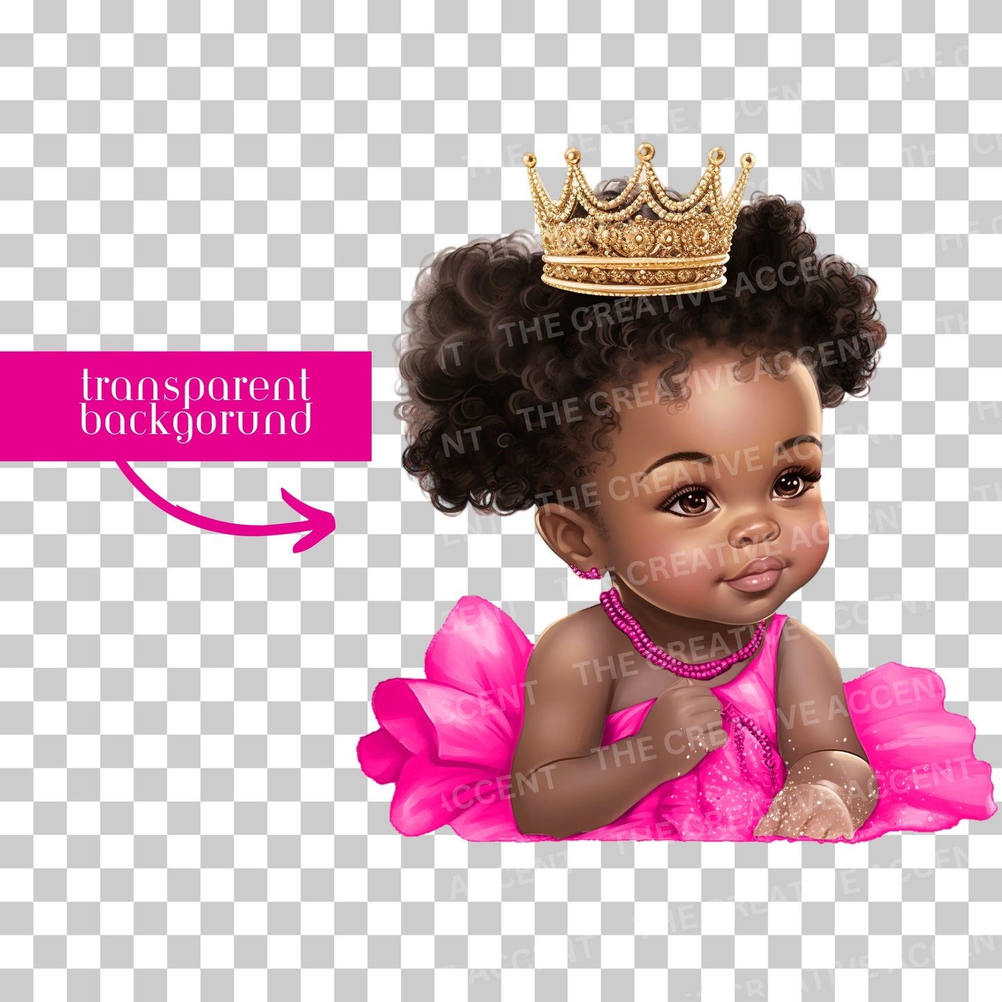 Black Baby Girl Princess in Hot Pink Tutu Clipart, 15 PNG, Baby Shower Illustration, African-American Infant with Gold Crown, Afro Toddler