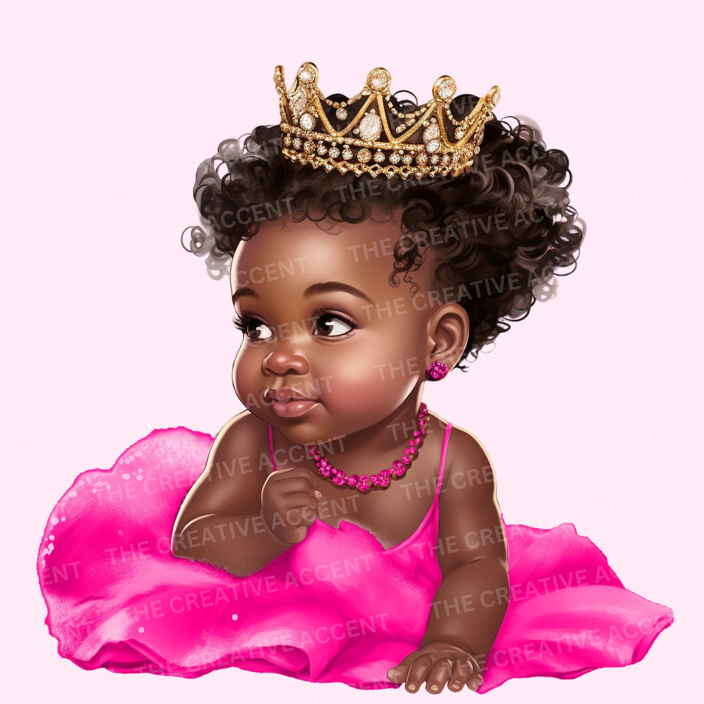 Black Baby Girl Princess in Hot Pink Tutu Clipart, 15 PNG, Baby Shower Illustration, African-American Infant with Gold Crown, Afro Toddler