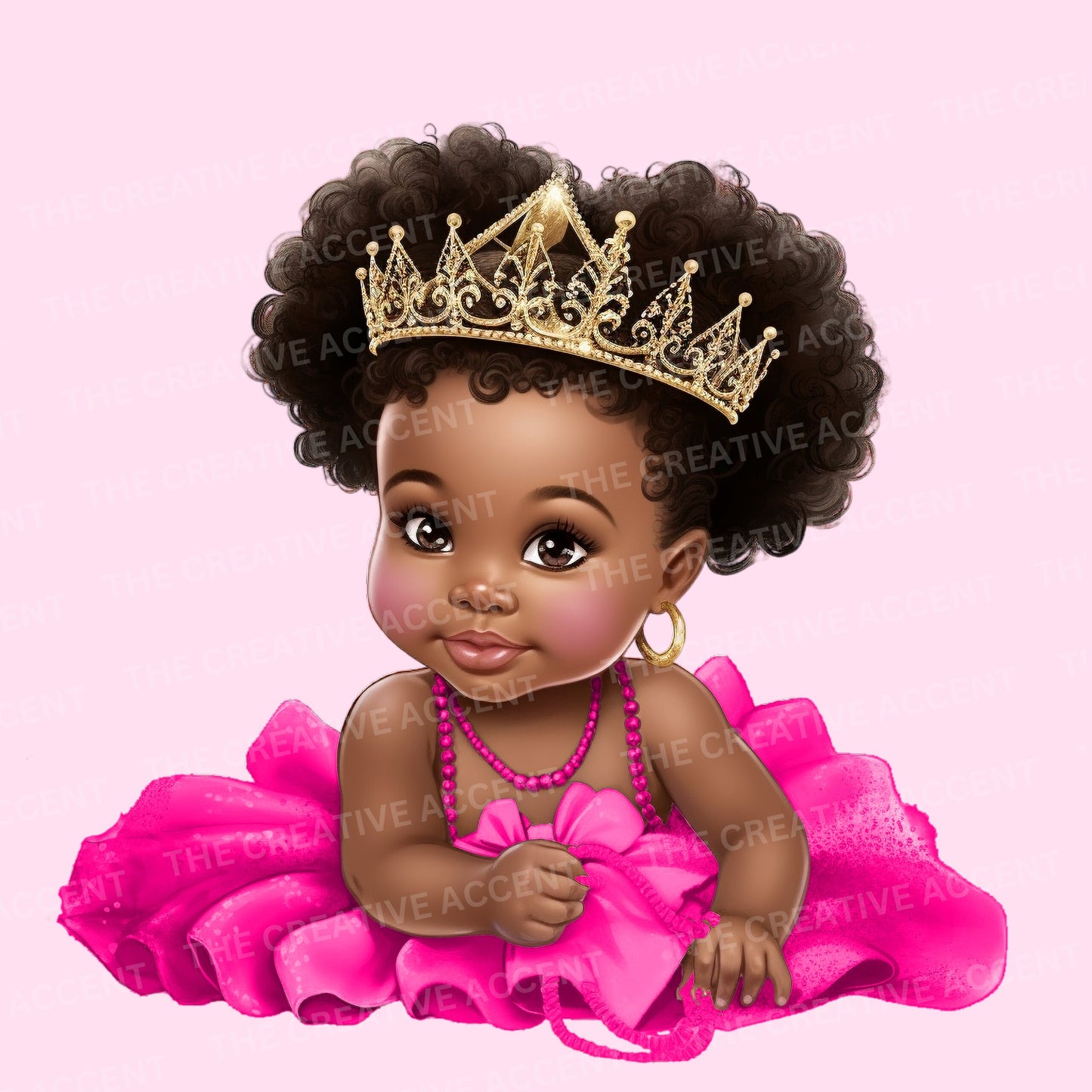 Black Baby Girl Princess in Hot Pink Tutu Clipart, 15 PNG, Baby Shower Illustration, African-American Infant with Gold Crown, Afro Toddler