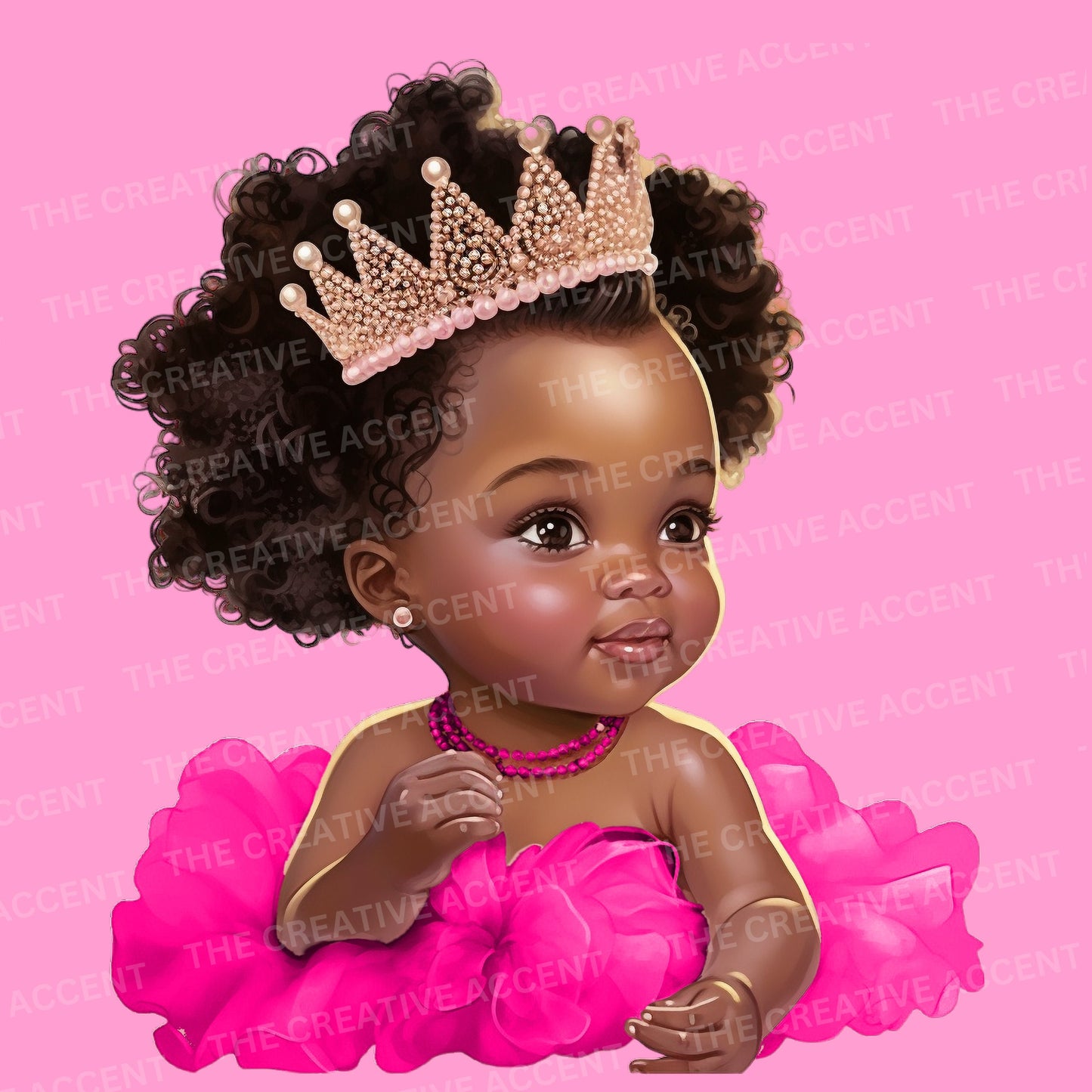 Black Baby Girl Princess in Hot Pink Tutu Clipart, 15 PNG, Baby Shower Illustration, African-American Infant with Gold Crown, Afro Toddler