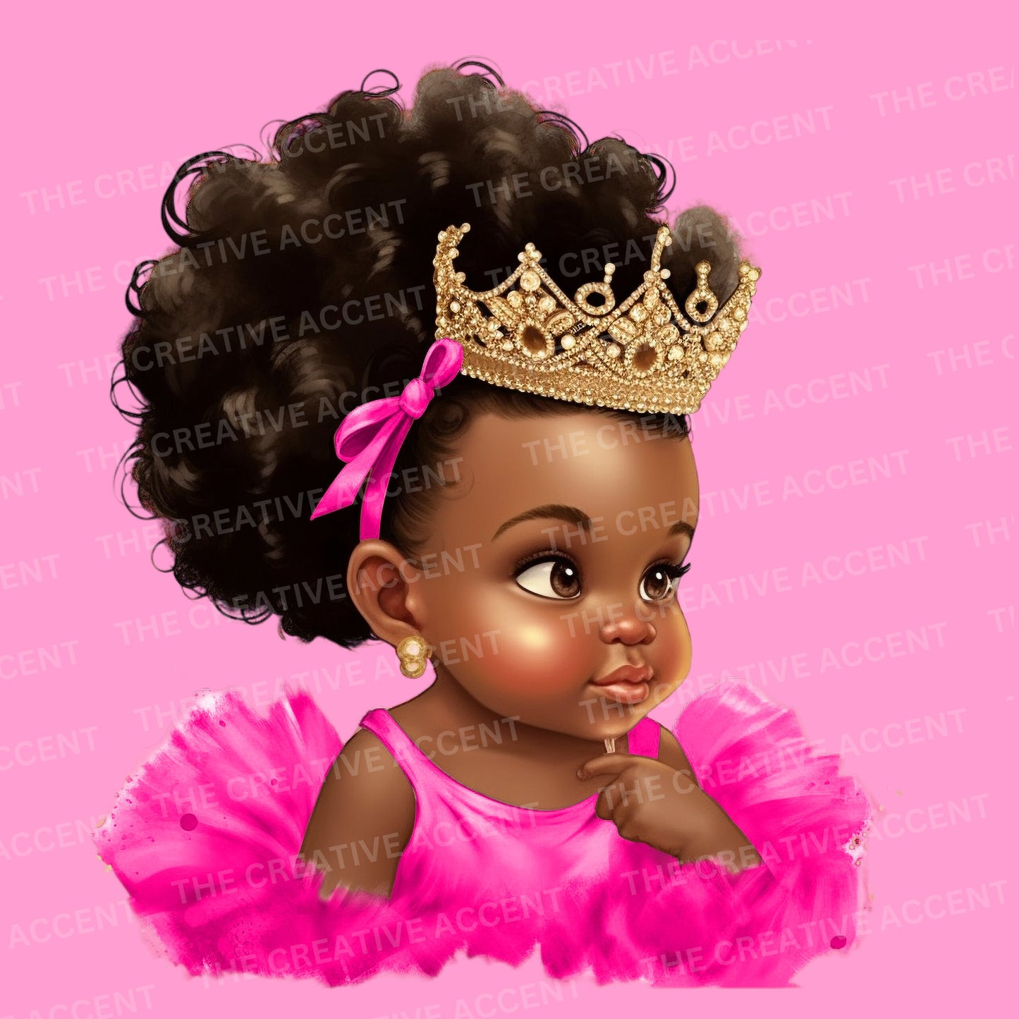 Black Baby Girl Princess in Hot Pink Tutu Clipart, 15 PNG, Baby Shower Illustration, African-American Infant with Gold Crown, Afro Toddler